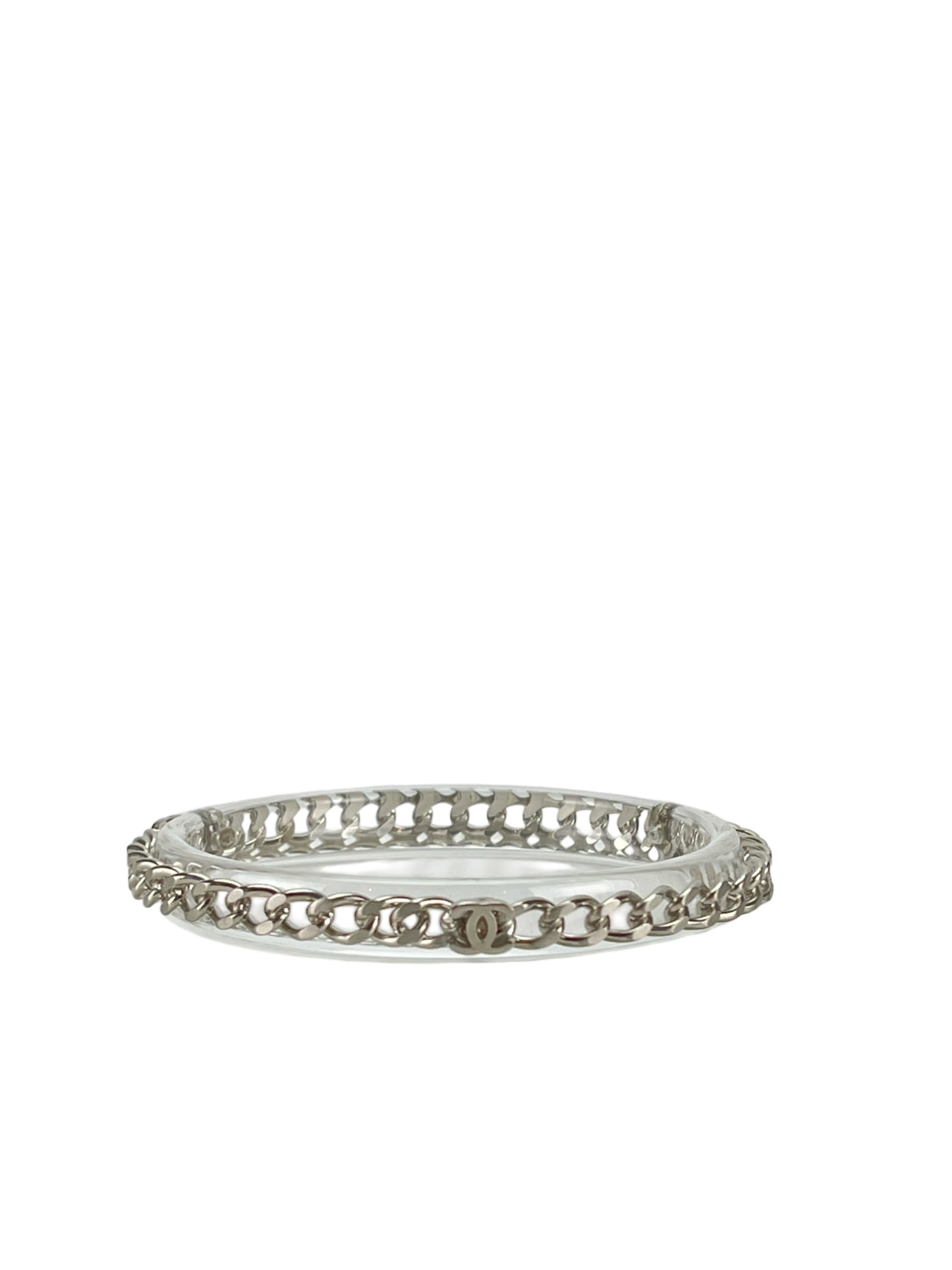 CHANEL - 13K Sliver Bangle Coco Mark Chain Clear Silver Bracelet