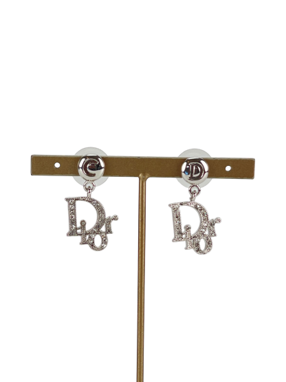 CHRISTIAN DIOR - Silver Rhinestone CD Logo Earrings
