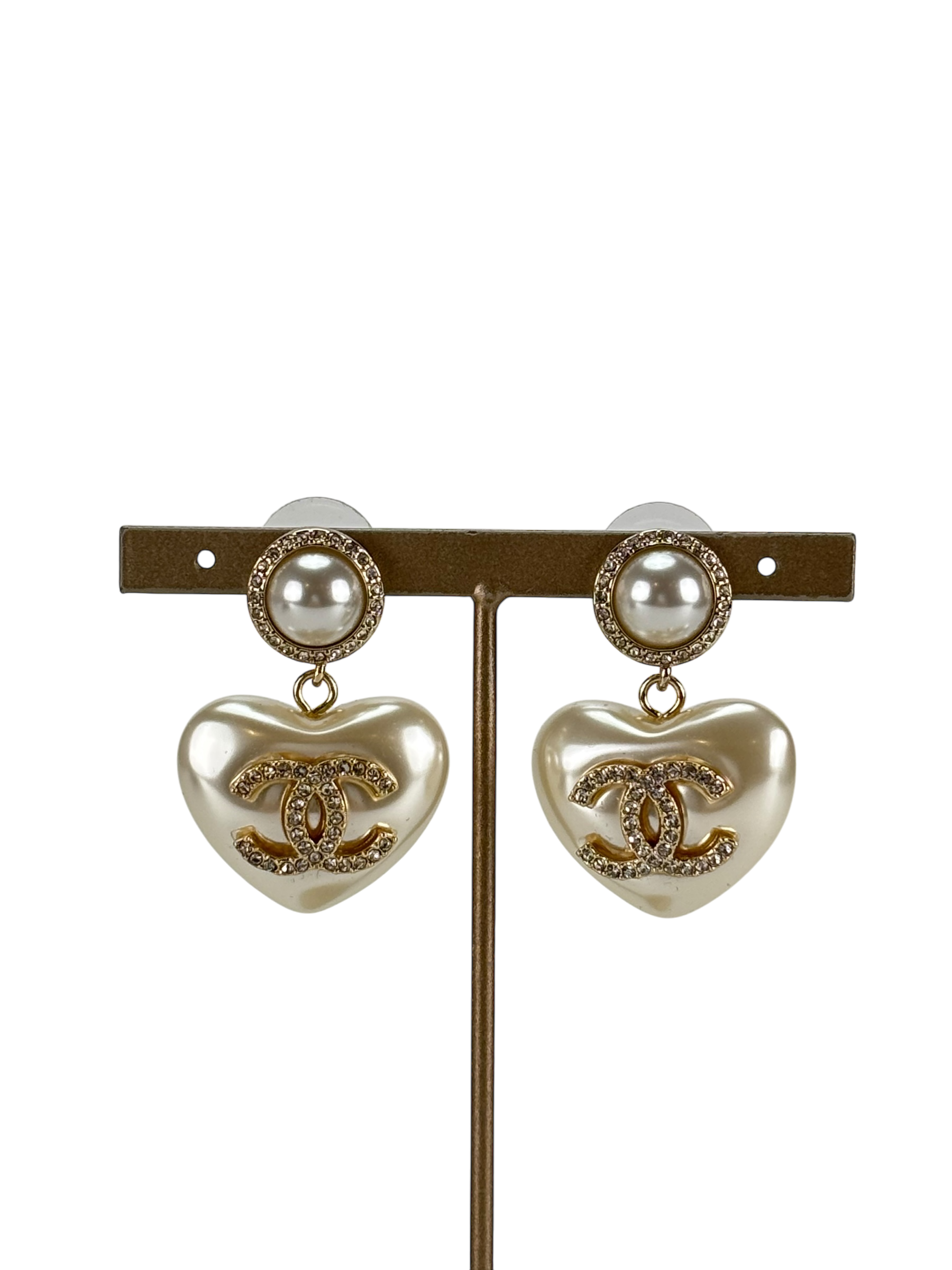 CHANEL - Coco Mark Pearl Rhinestone Heart Gold Earrings