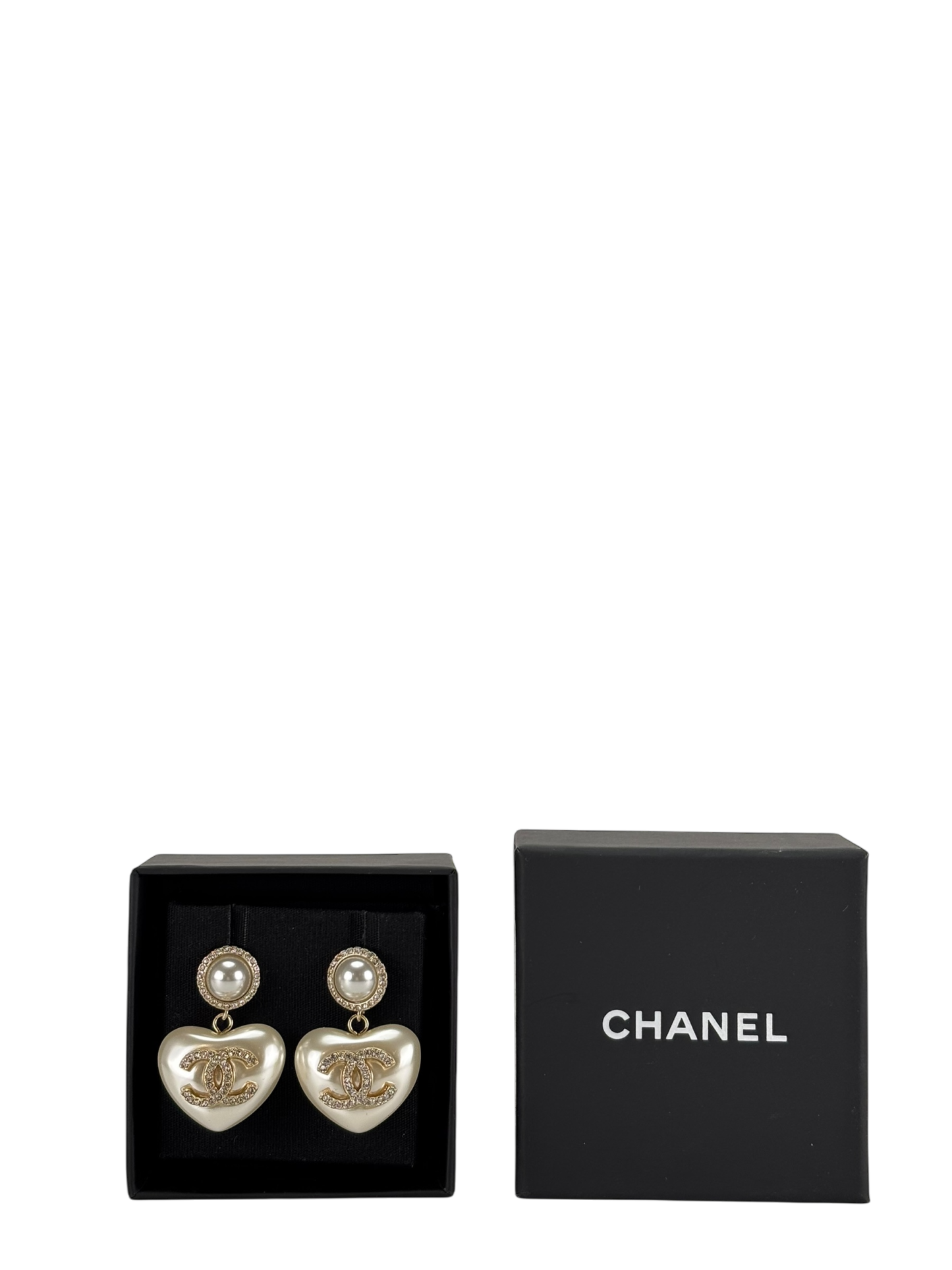 CHANEL - Coco Mark Pearl Rhinestone Heart Gold Earrings