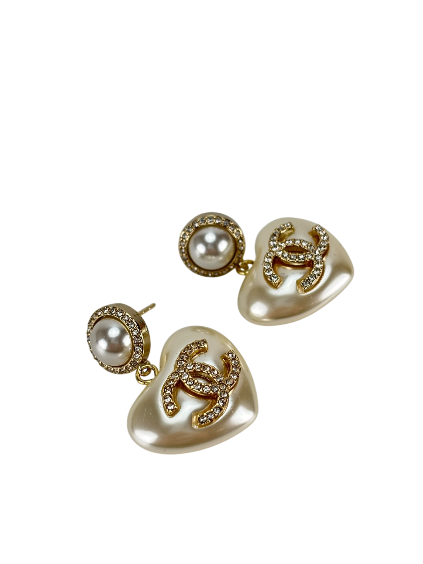 CHANEL - Coco Mark Pearl Rhinestone Heart Gold Earrings