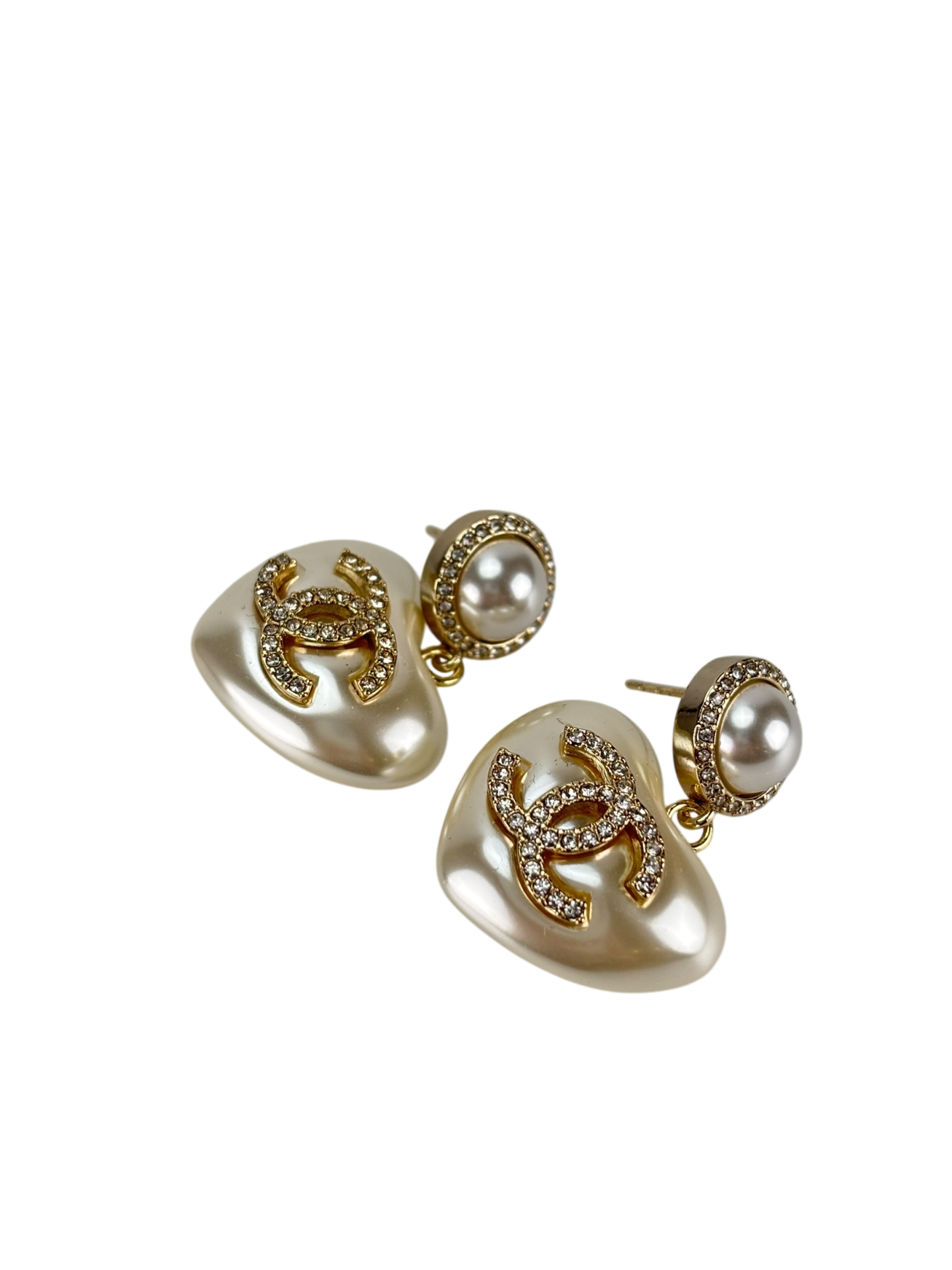 CHANEL - Coco Mark Pearl Rhinestone Heart Gold Earrings