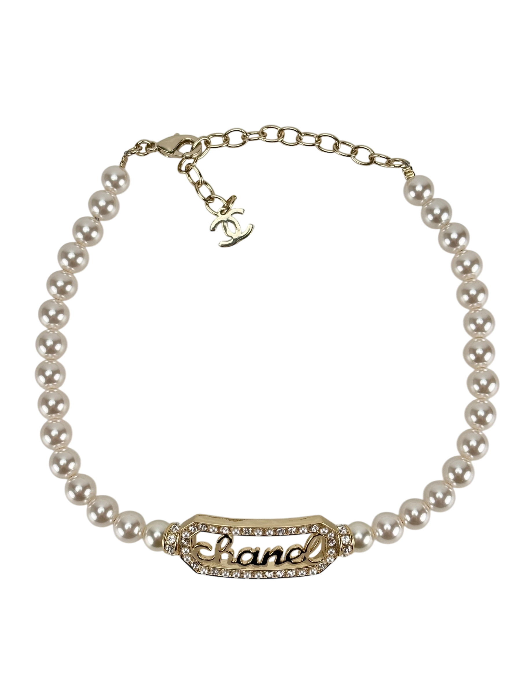 CHANEL - Gold Coco Mark Logo Pearl Rhinestone Necklace Choker 