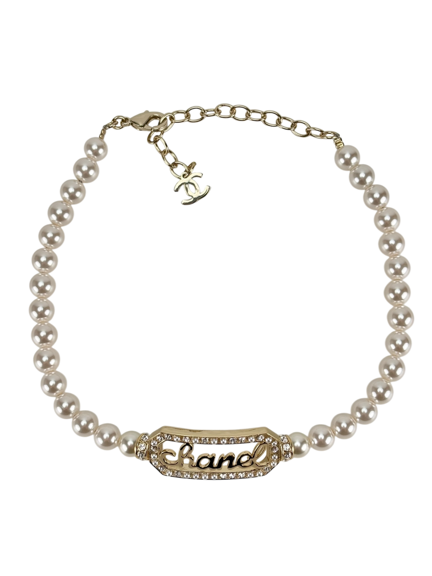 CHANEL - Gold Coco Mark Logo Pearl Rhinestone Necklace Choker 