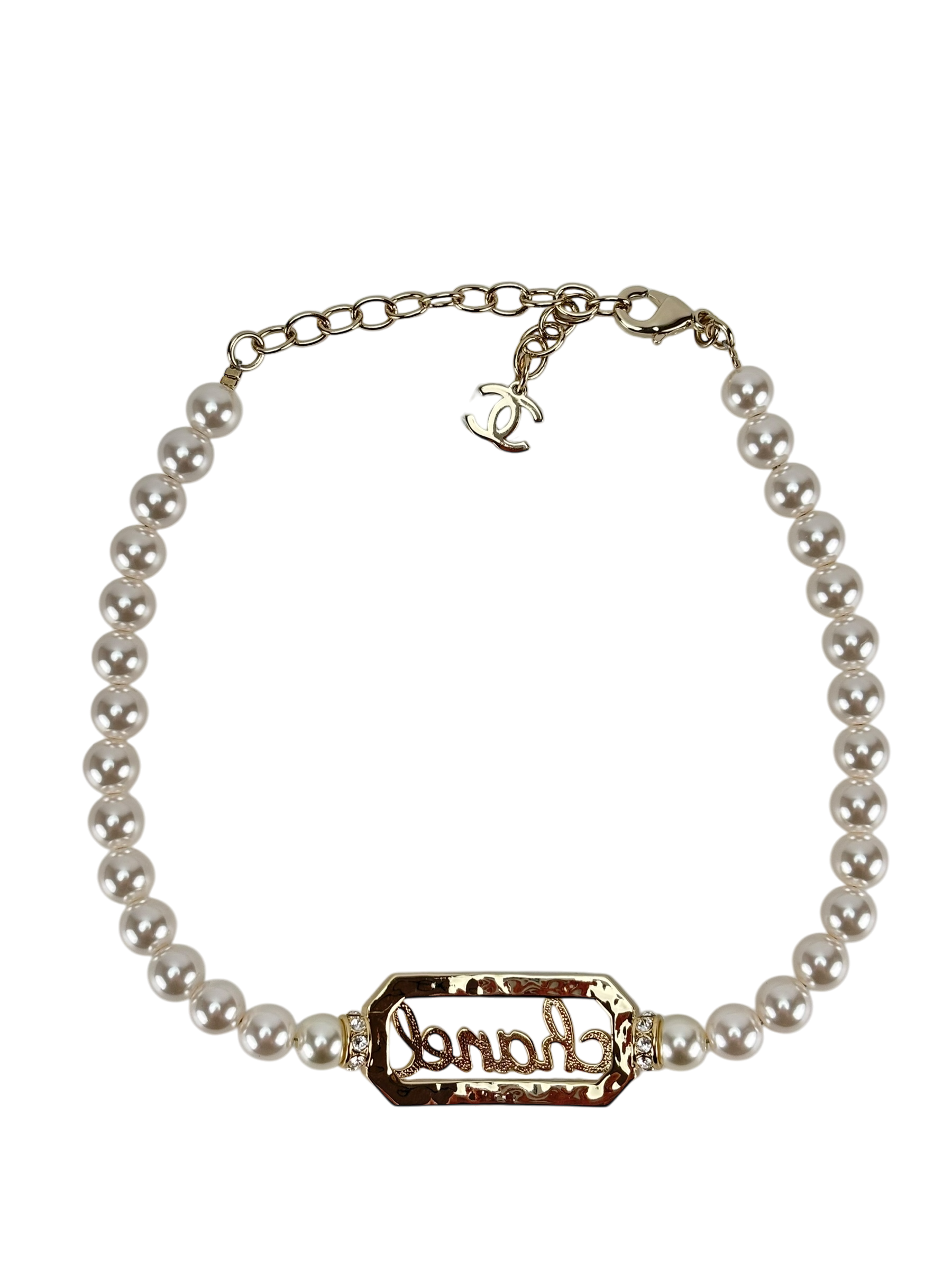 CHANEL - Gold Coco Mark Logo Pearl Rhinestone Necklace Choker 