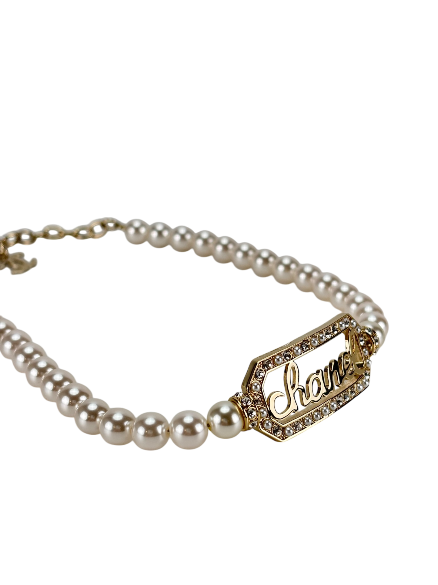 CHANEL - Gold Coco Mark Logo Pearl Rhinestone Necklace Choker