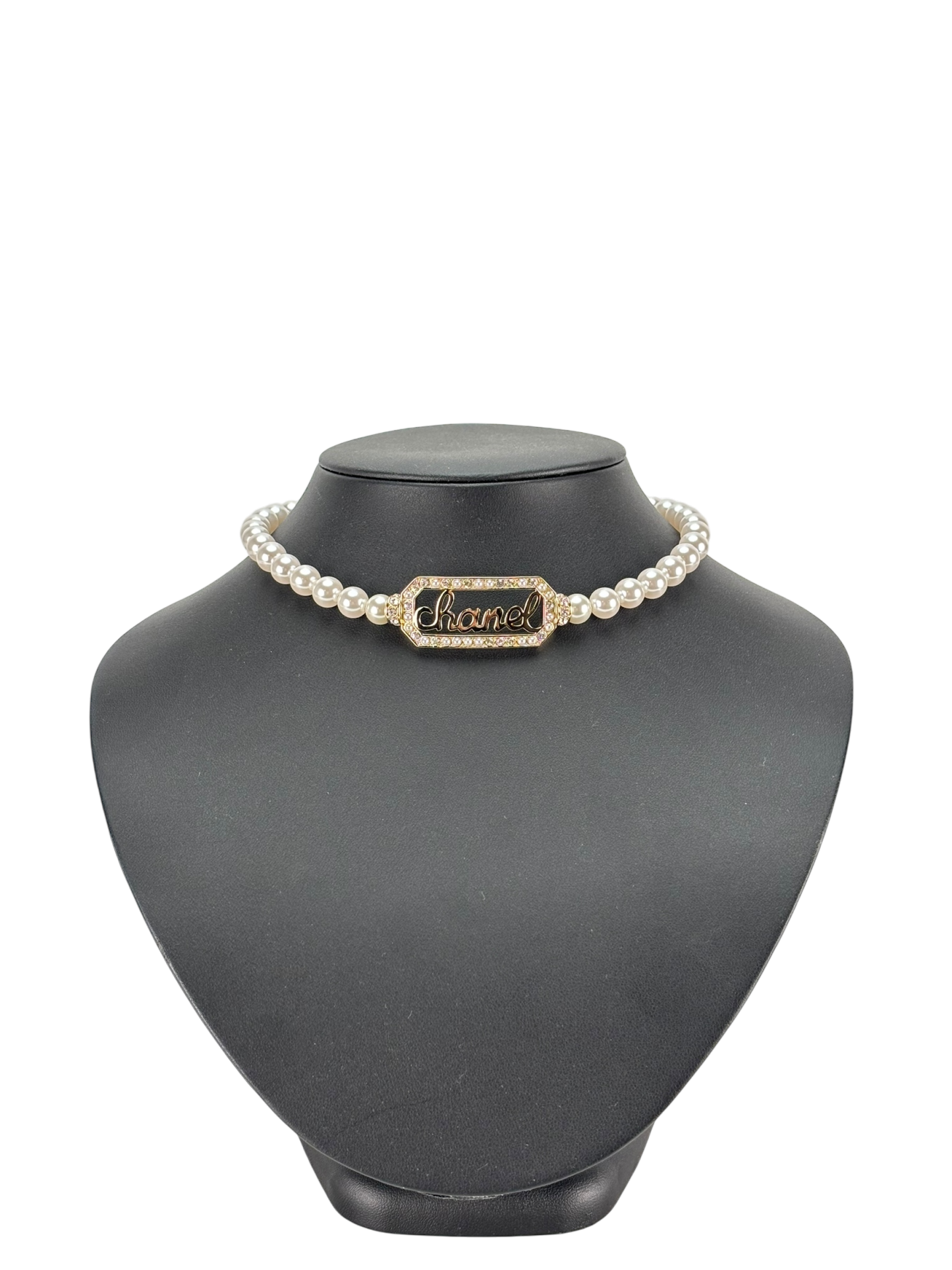 CHANEL - Gold Coco Mark Logo Pearl Rhinestone Necklace Choker