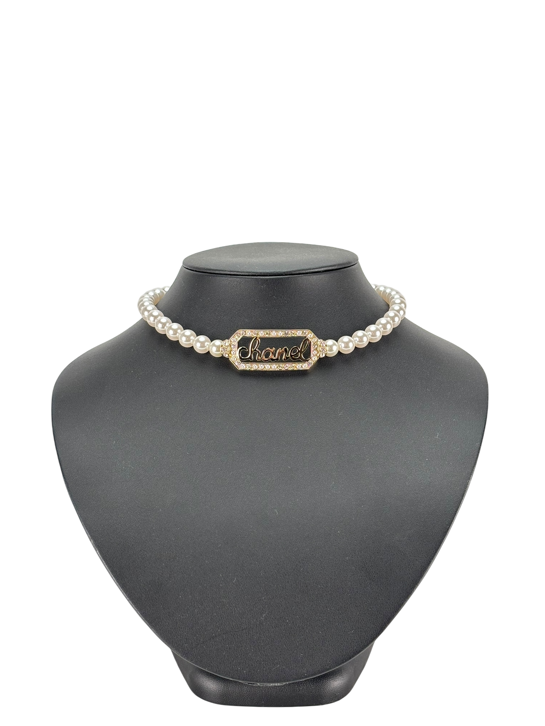 CHANEL - Gold Coco Mark Logo Pearl Rhinestone Necklace Choker