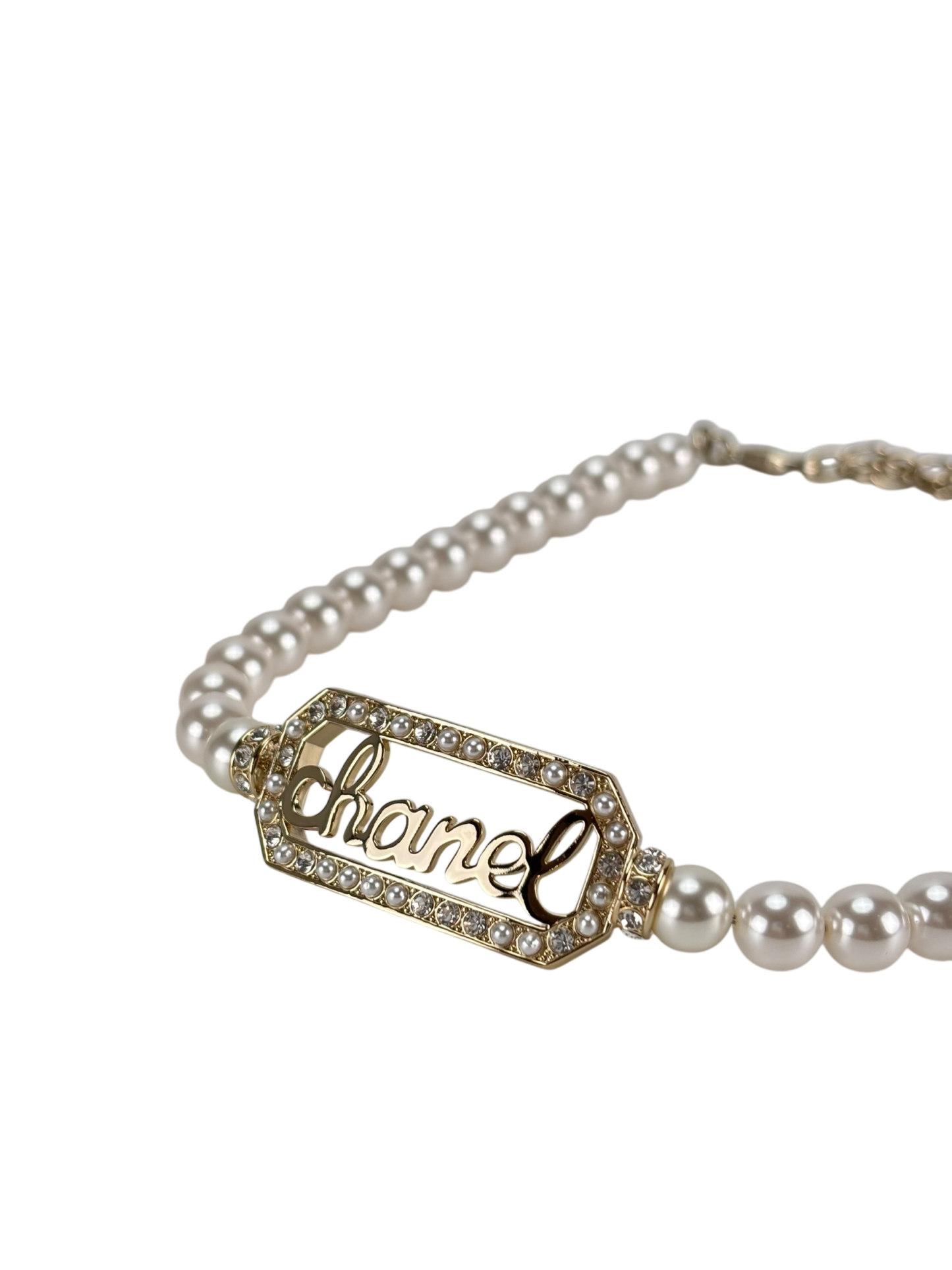 CHANEL - Gold Coco Mark Logo Pearl Rhinestone Necklace Choker