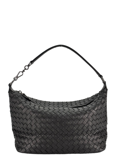BOTTEGA VENETA - Black Lambskin Hobo Intrecciato Nappa 