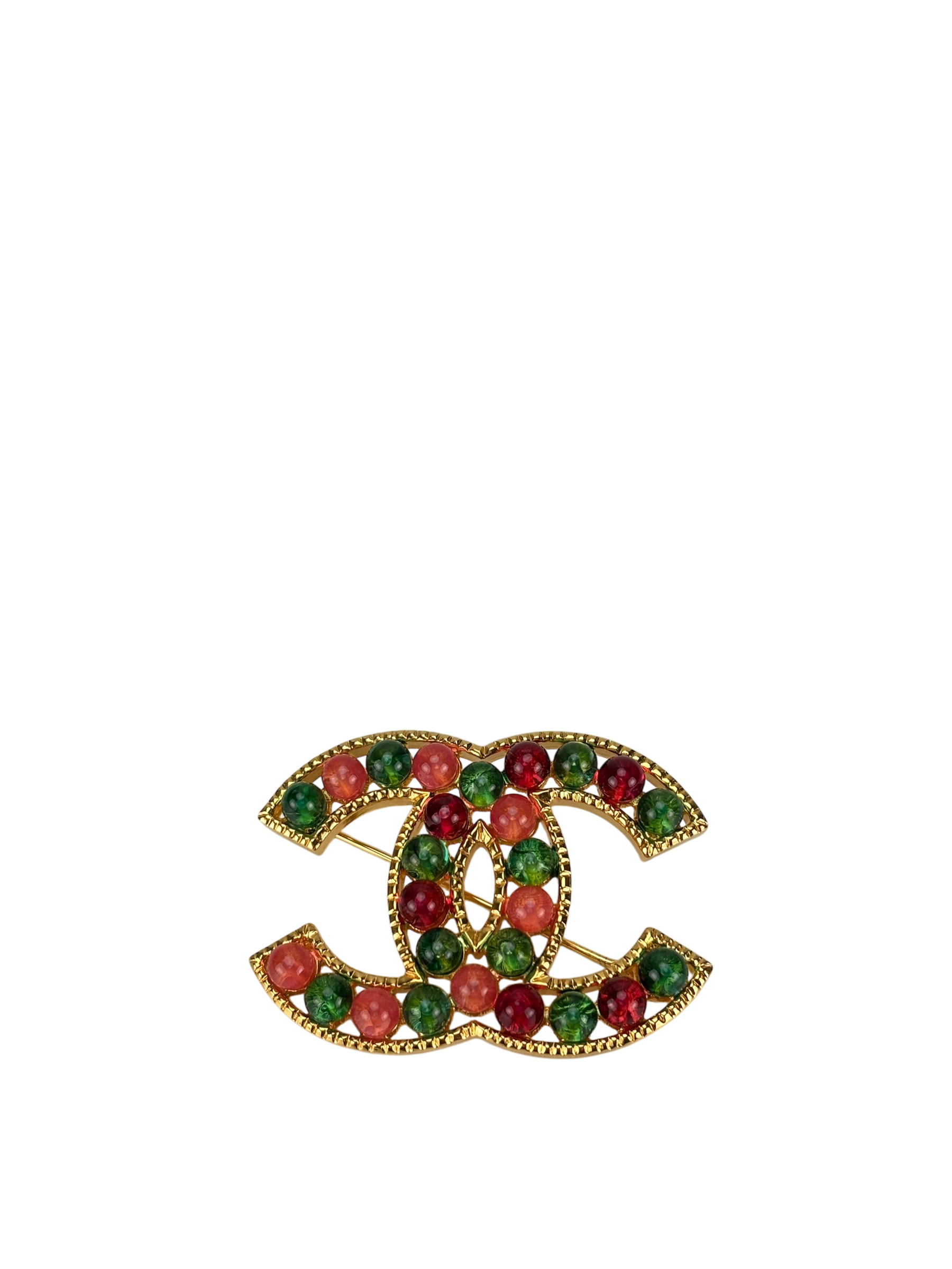 CHANEL-  20K Red Green Gripoix Multicolor Brooch