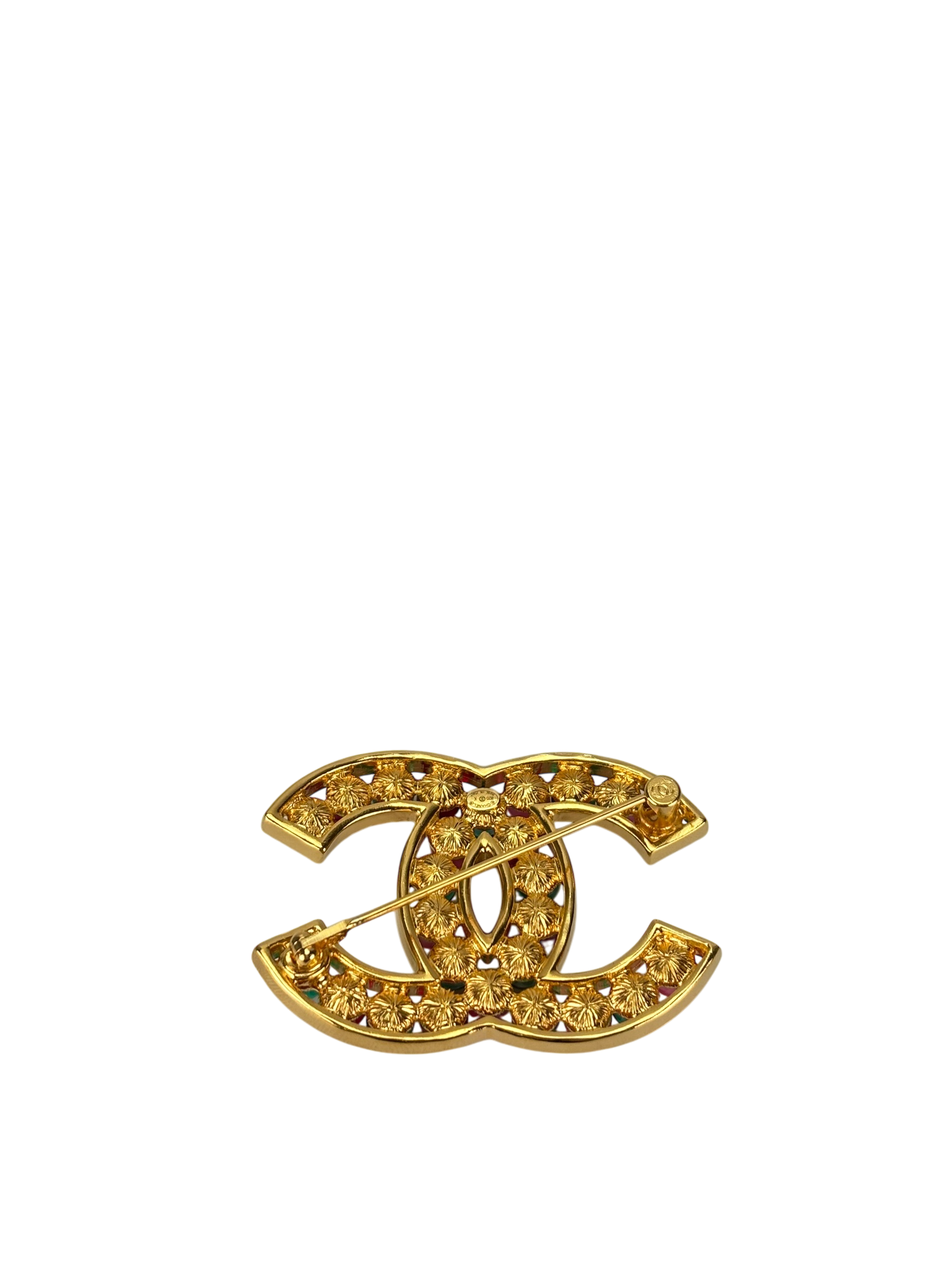 CHANEL-  20K Red Green Gripoix Multicolor Brooch