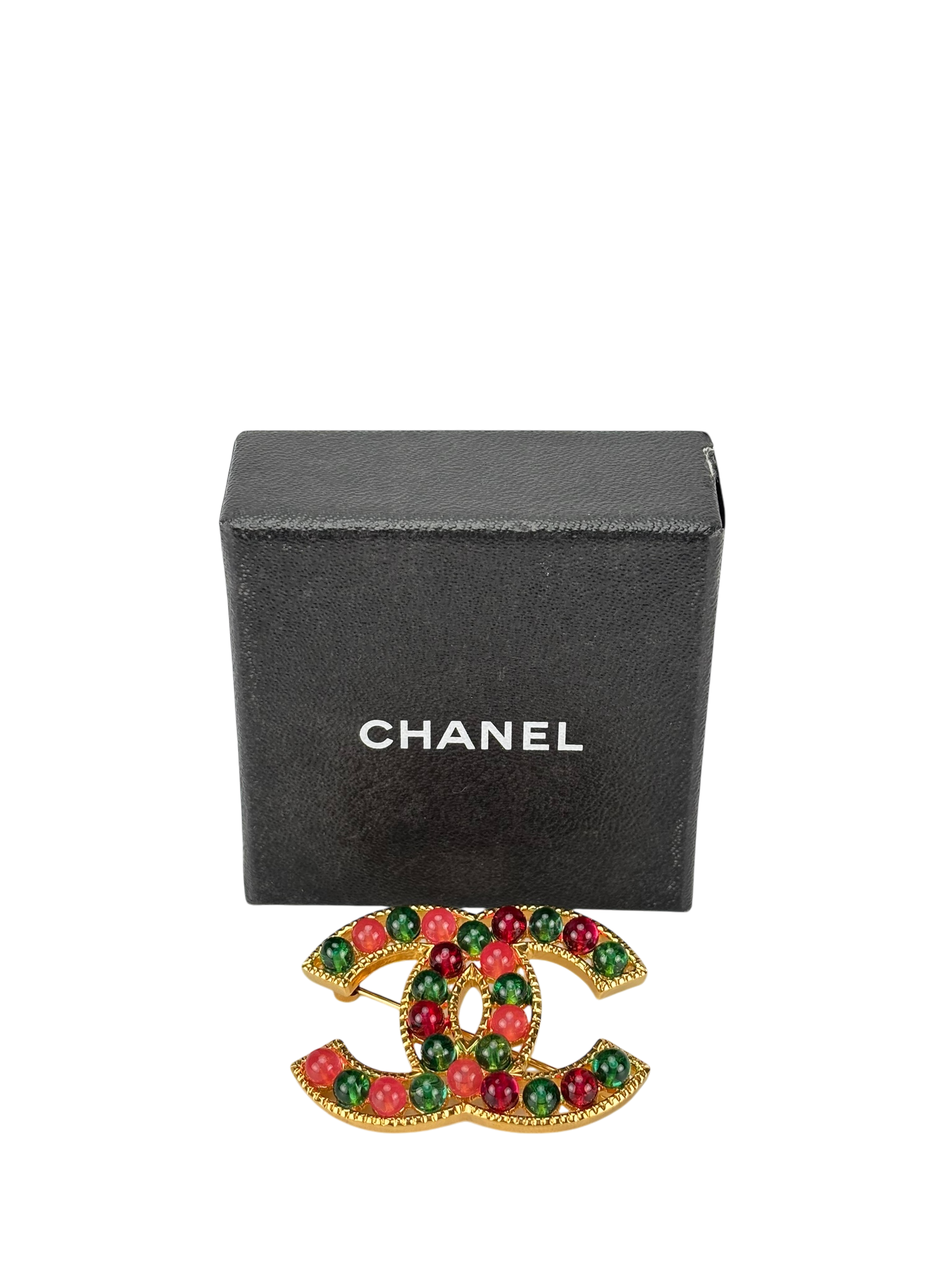 CHANEL- 20K Red Green Gripoix Multicolor Brooch