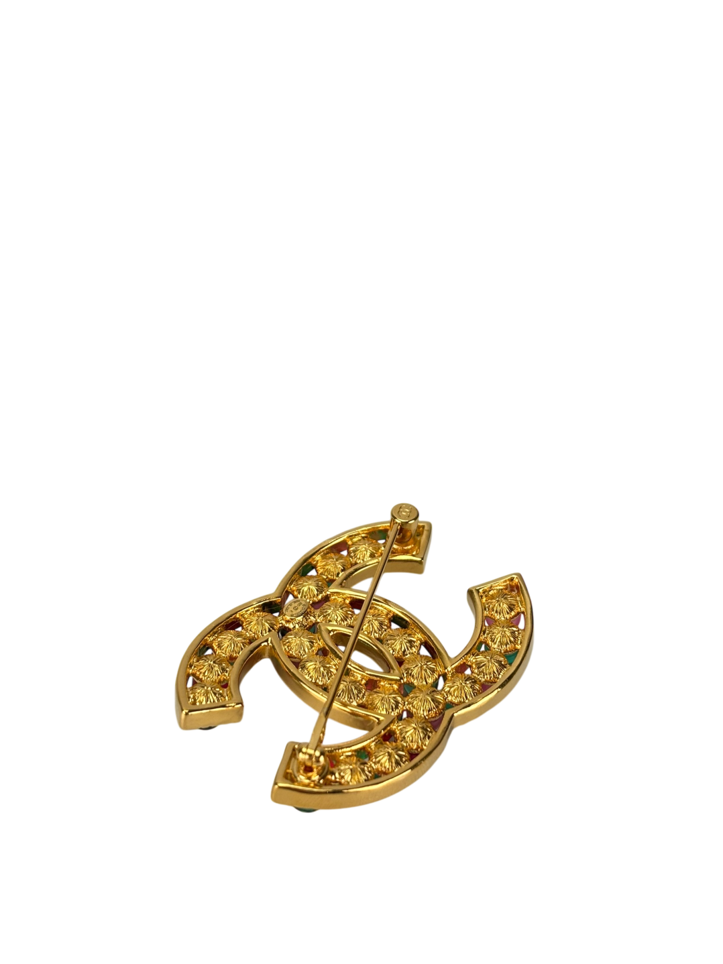 CHANEL- 20K Red Green Gripoix Multicolor Brooch