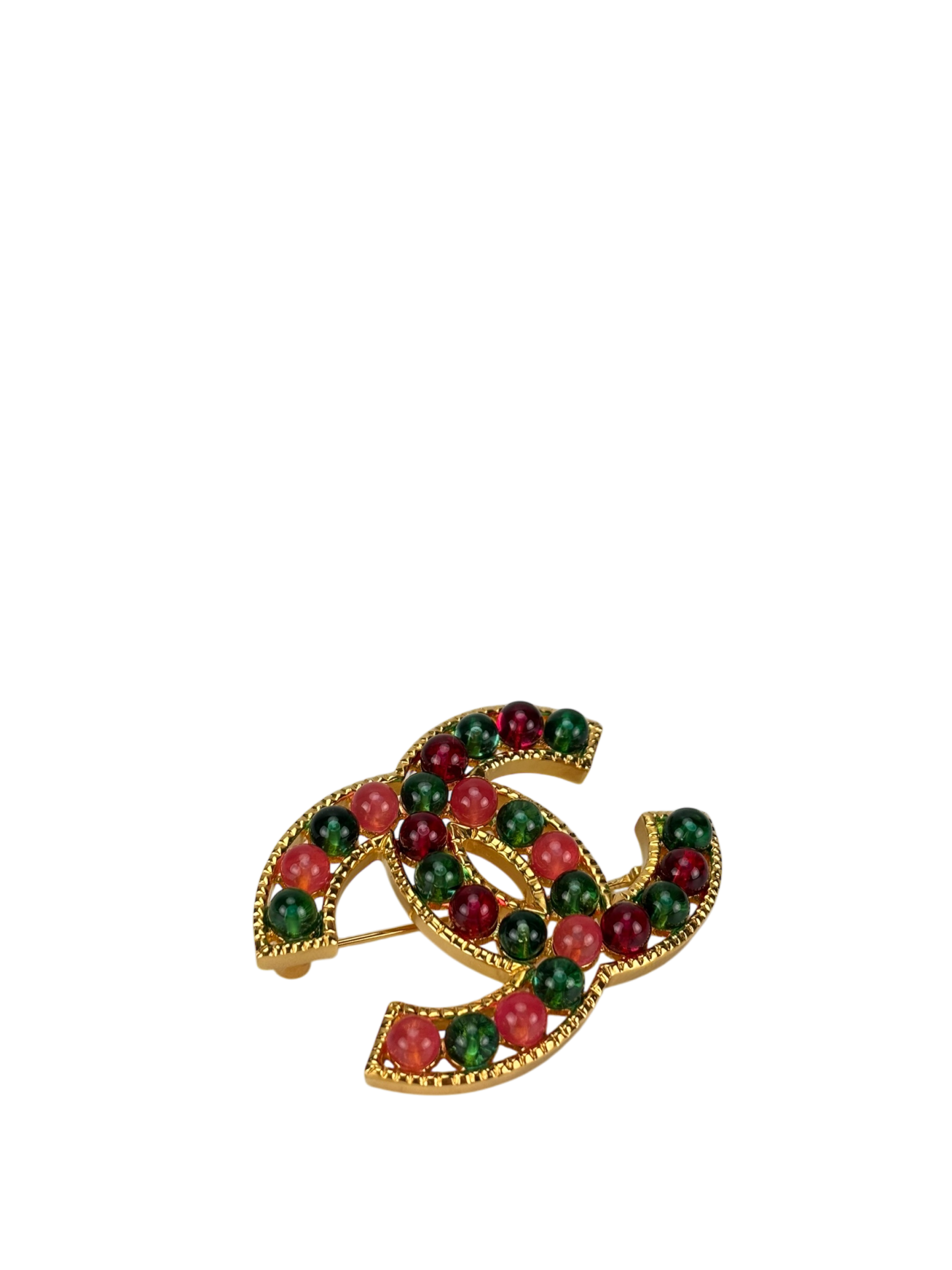 CHANEL- 20K Red Green Gripoix Multicolor Brooch
