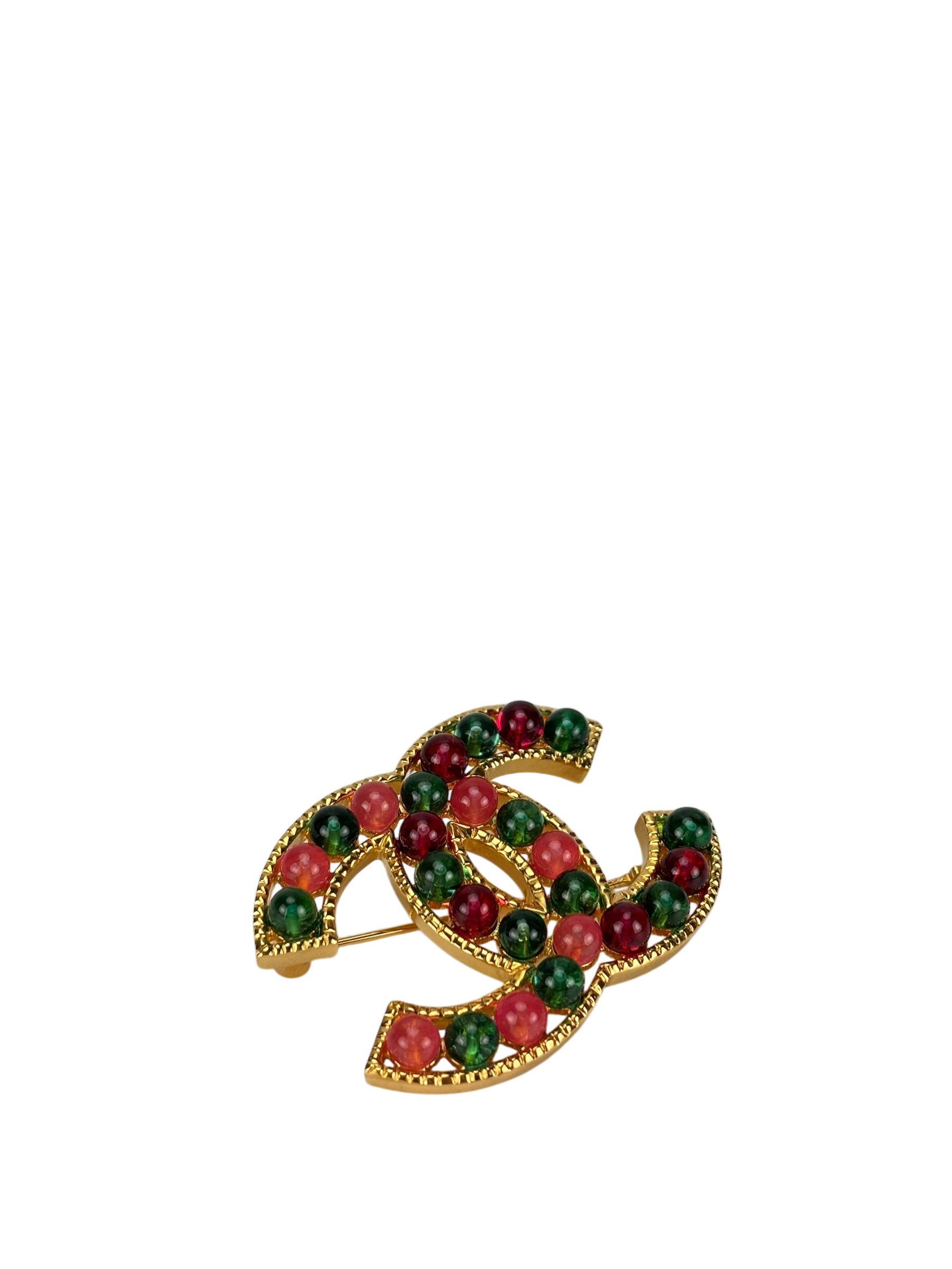 CHANEL- 20K Red Green Gripoix Multicolor Brooch
