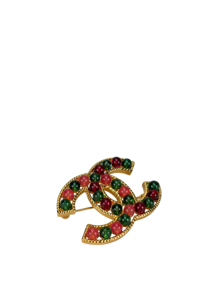 CHANEL-  20K Red Green Gripoix Multicolor Brooch