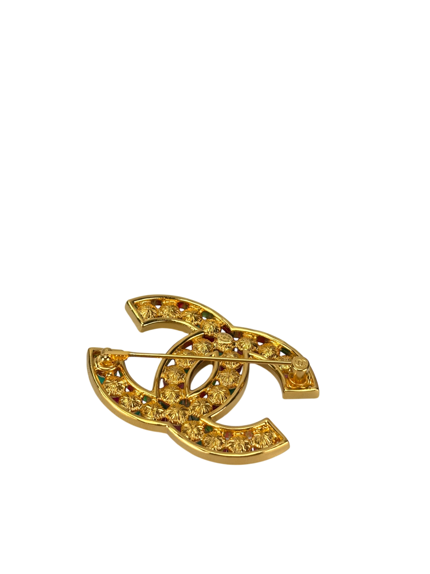 CHANEL- 20K Red Green Gripoix Multicolor Brooch