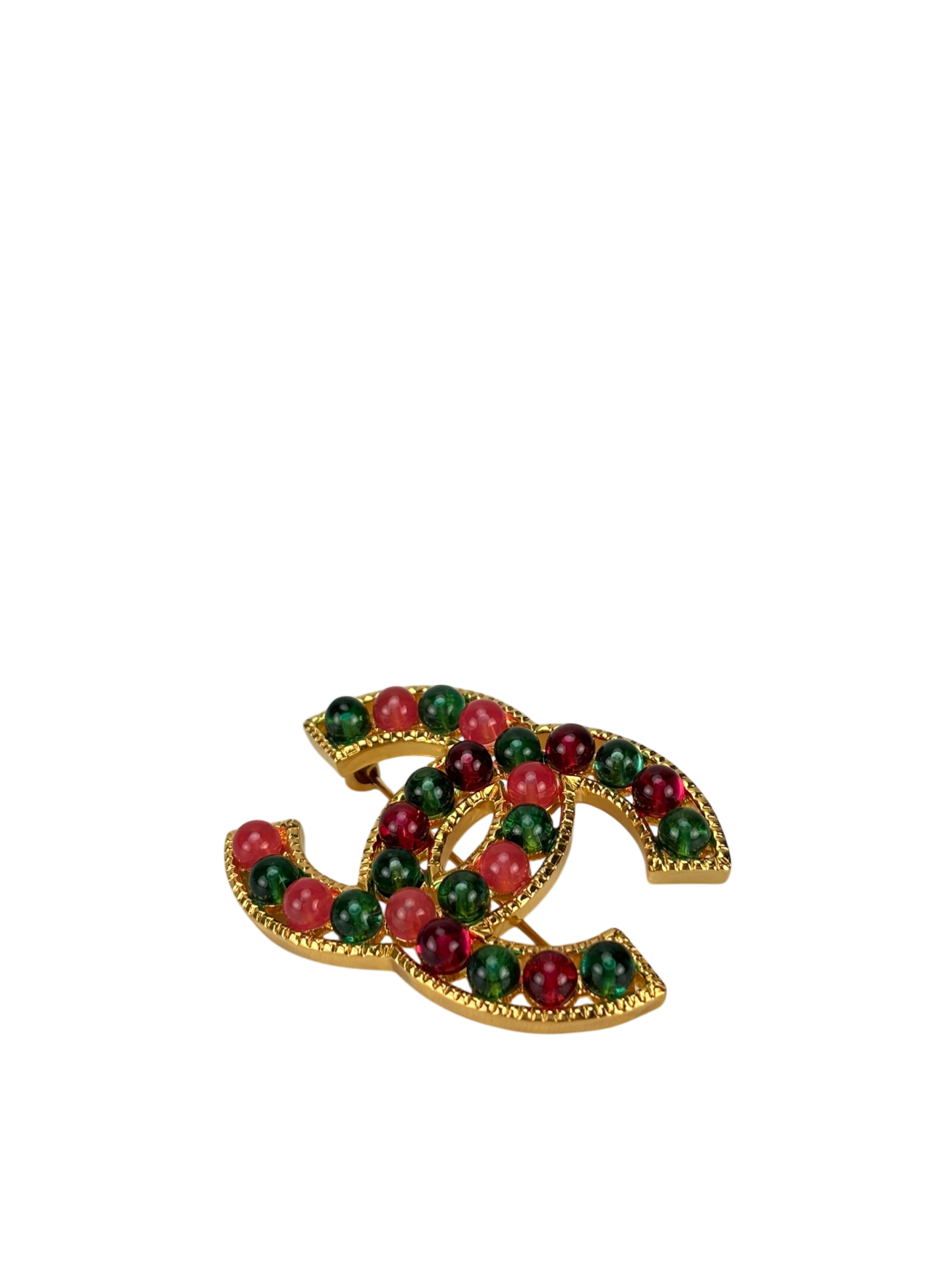 CHANEL- 20K Red Green Gripoix Multicolor Brooch
