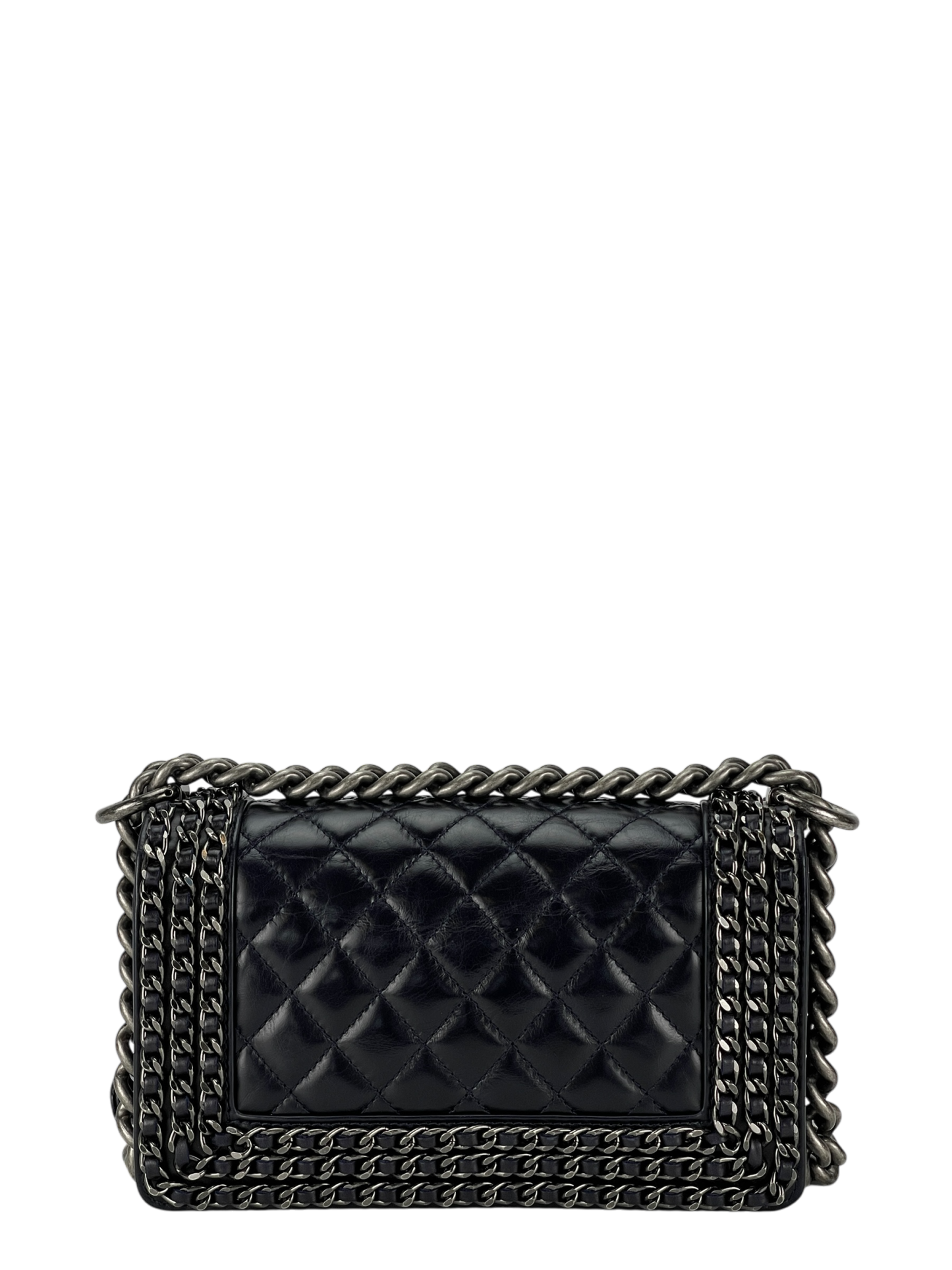 CHANEL - Black Glazed Calfskin Chained Mini Boy Flap Bag