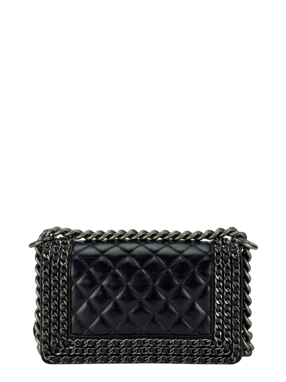CHANEL - Black Glazed Calfskin Chained Mini Boy Flap Bag