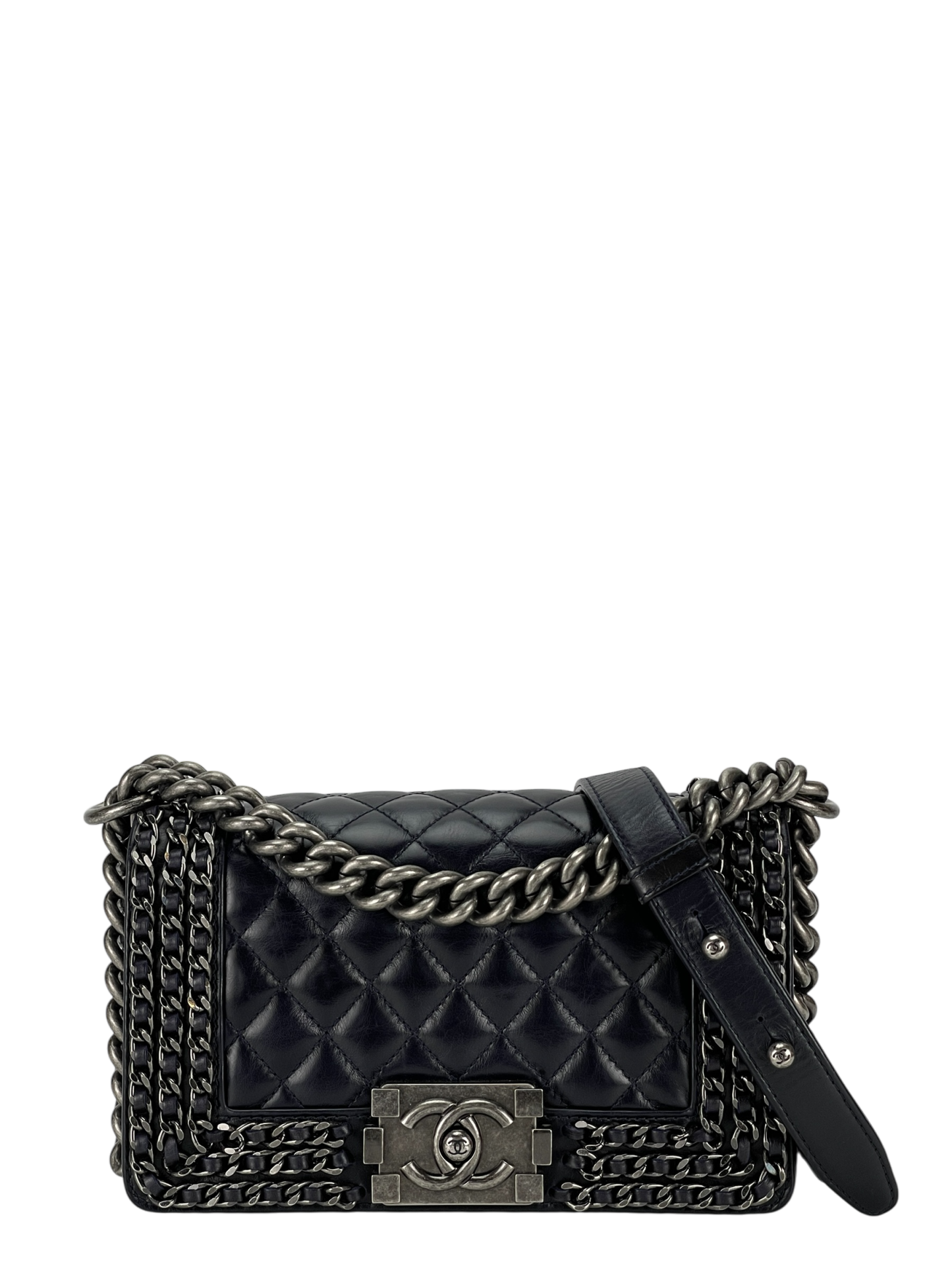 CHANEL - Black Glazed Calfskin Chained Mini Boy Flap Bag