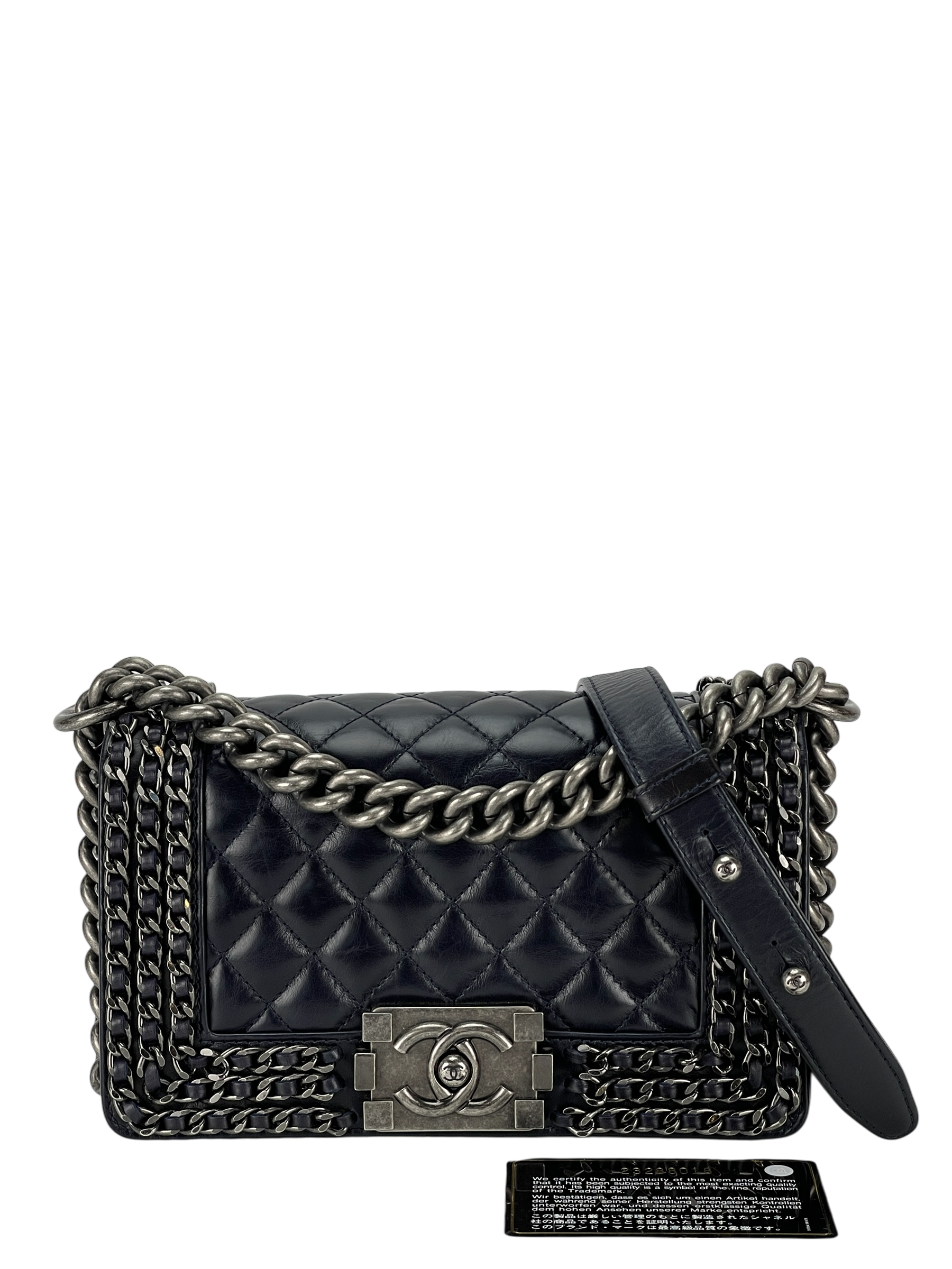 CHANEL - Black Glazed Calfskin Chained Mini Boy Flap Bag