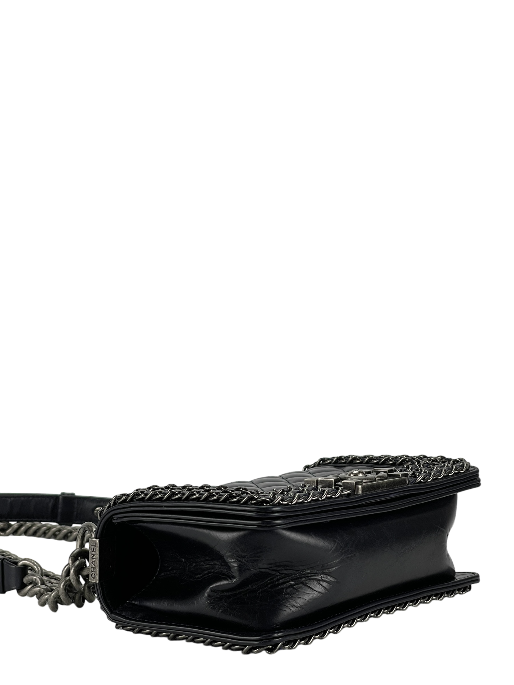 CHANEL - Black Glazed Calfskin Chained Mini Boy Flap Bag
