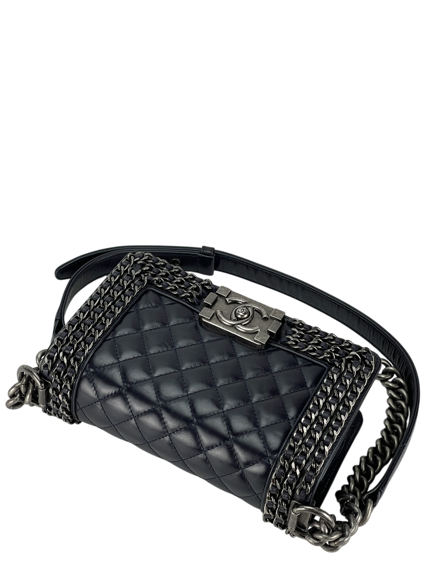 CHANEL - Black Glazed Calfskin Chained Mini Boy Flap Bag