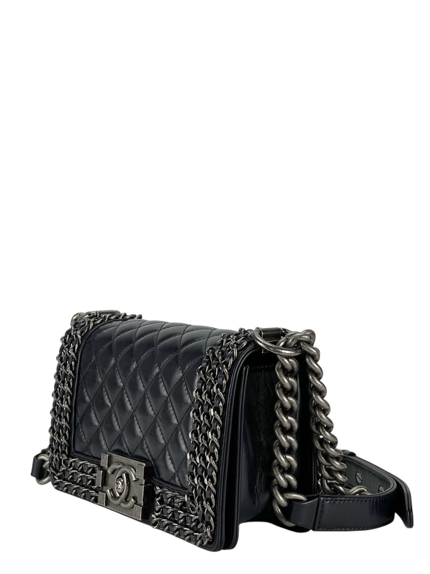 CHANEL - Black Glazed Calfskin Chained Mini Boy Flap Bag