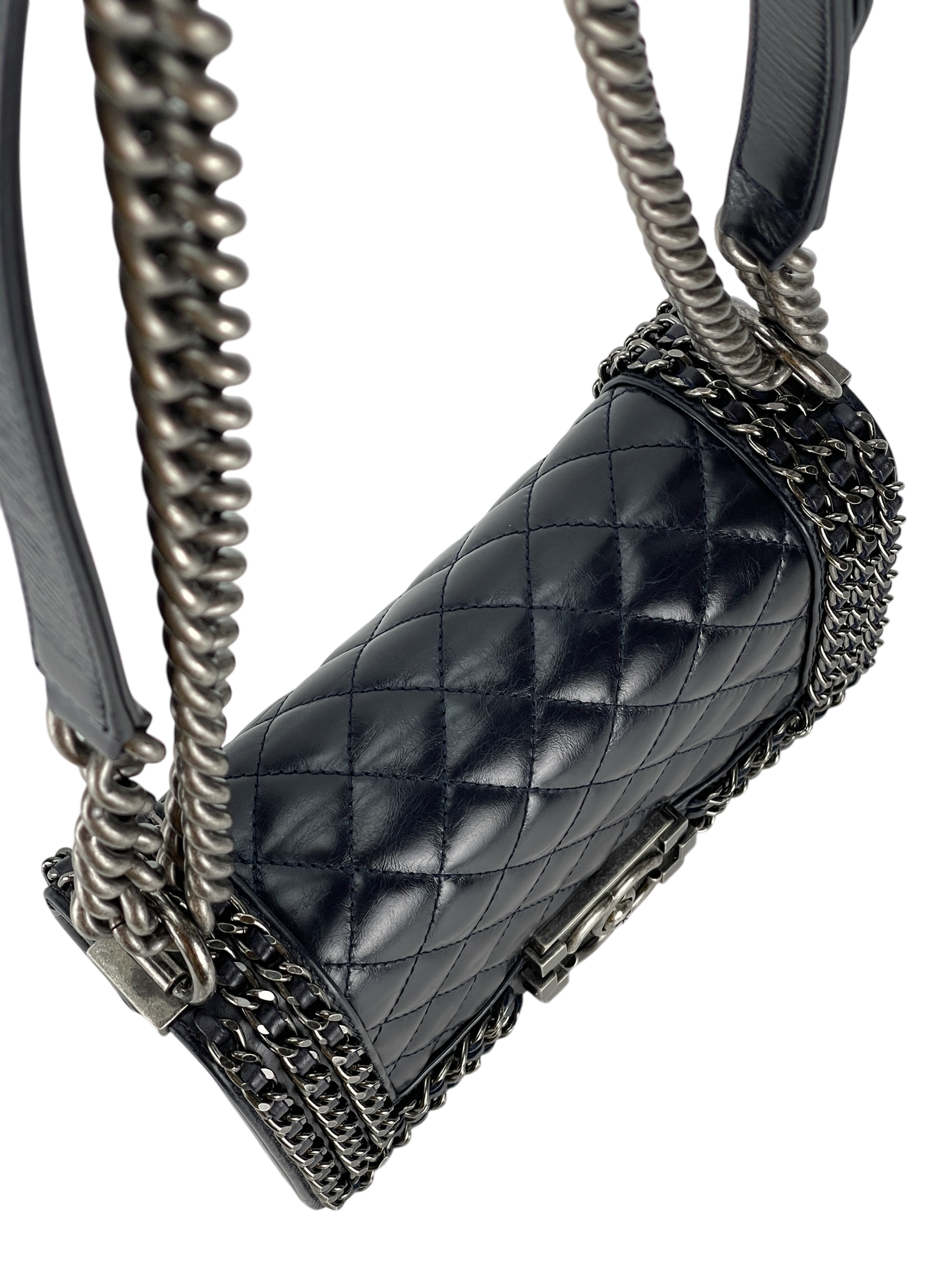 CHANEL - Black Glazed Calfskin Chained Mini Boy Flap Bag