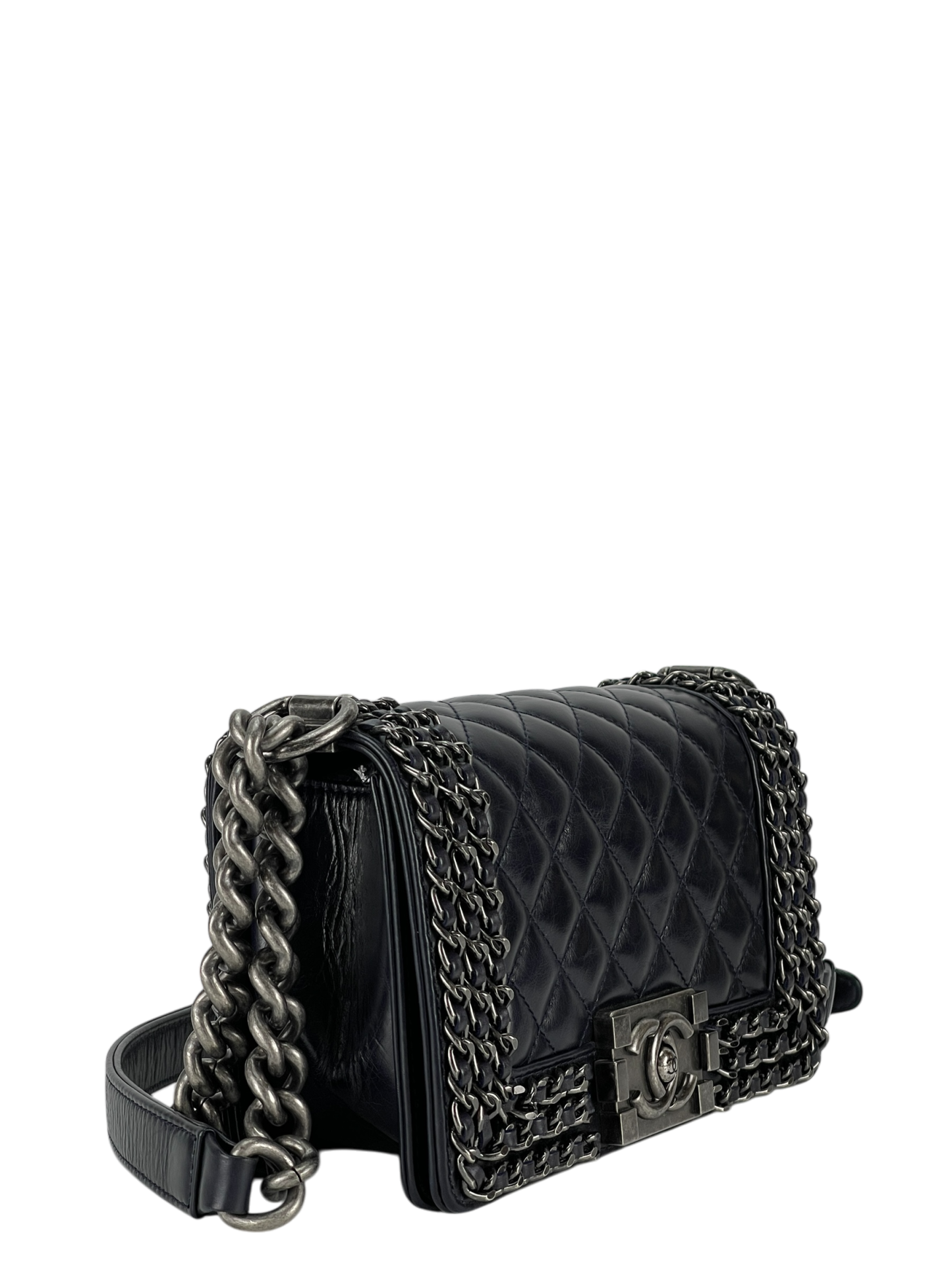 CHANEL - Black Glazed Calfskin Chained Mini Boy Flap Bag