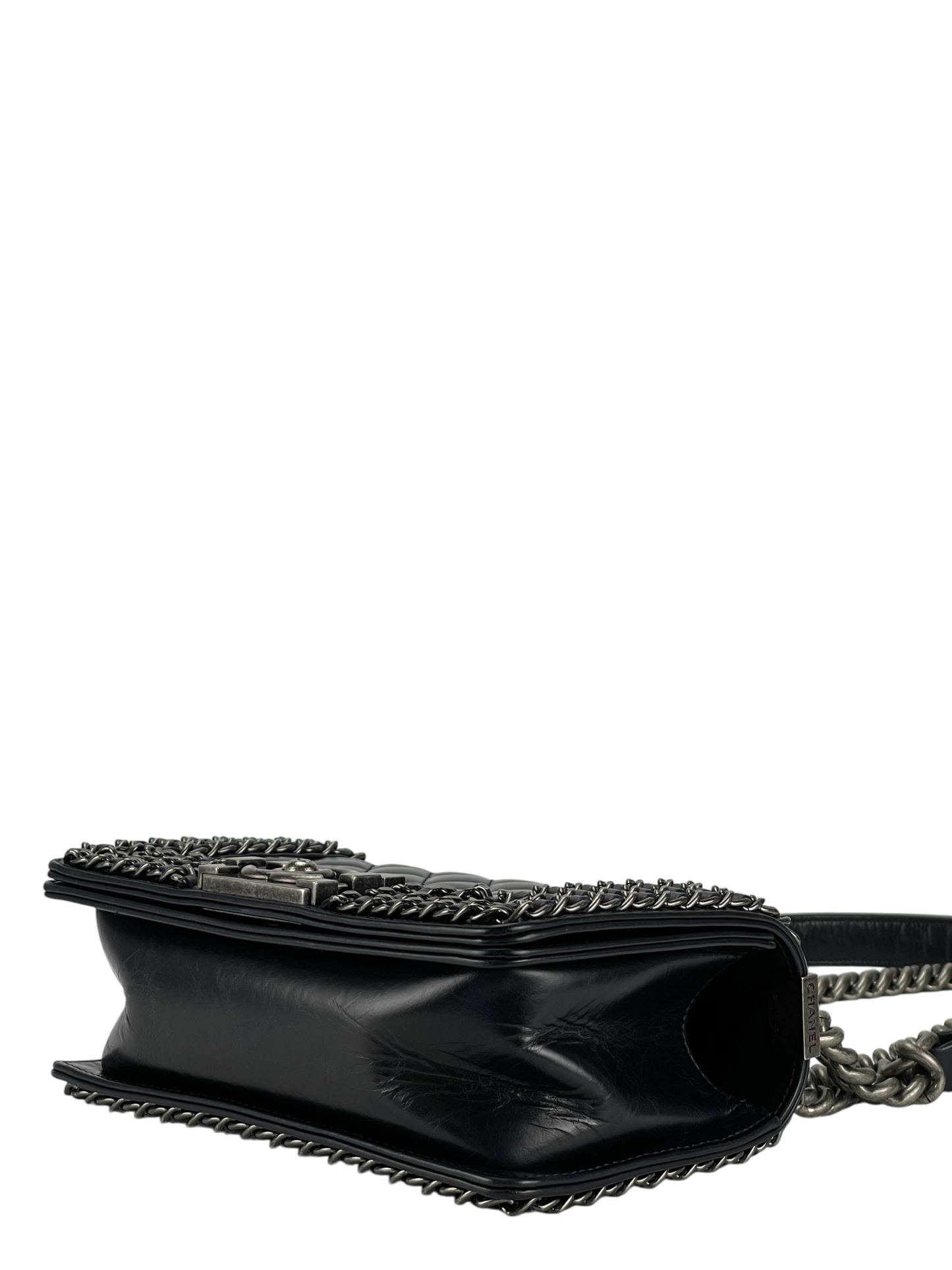 CHANEL - Black Glazed Calfskin Chained Mini Boy Flap Bag