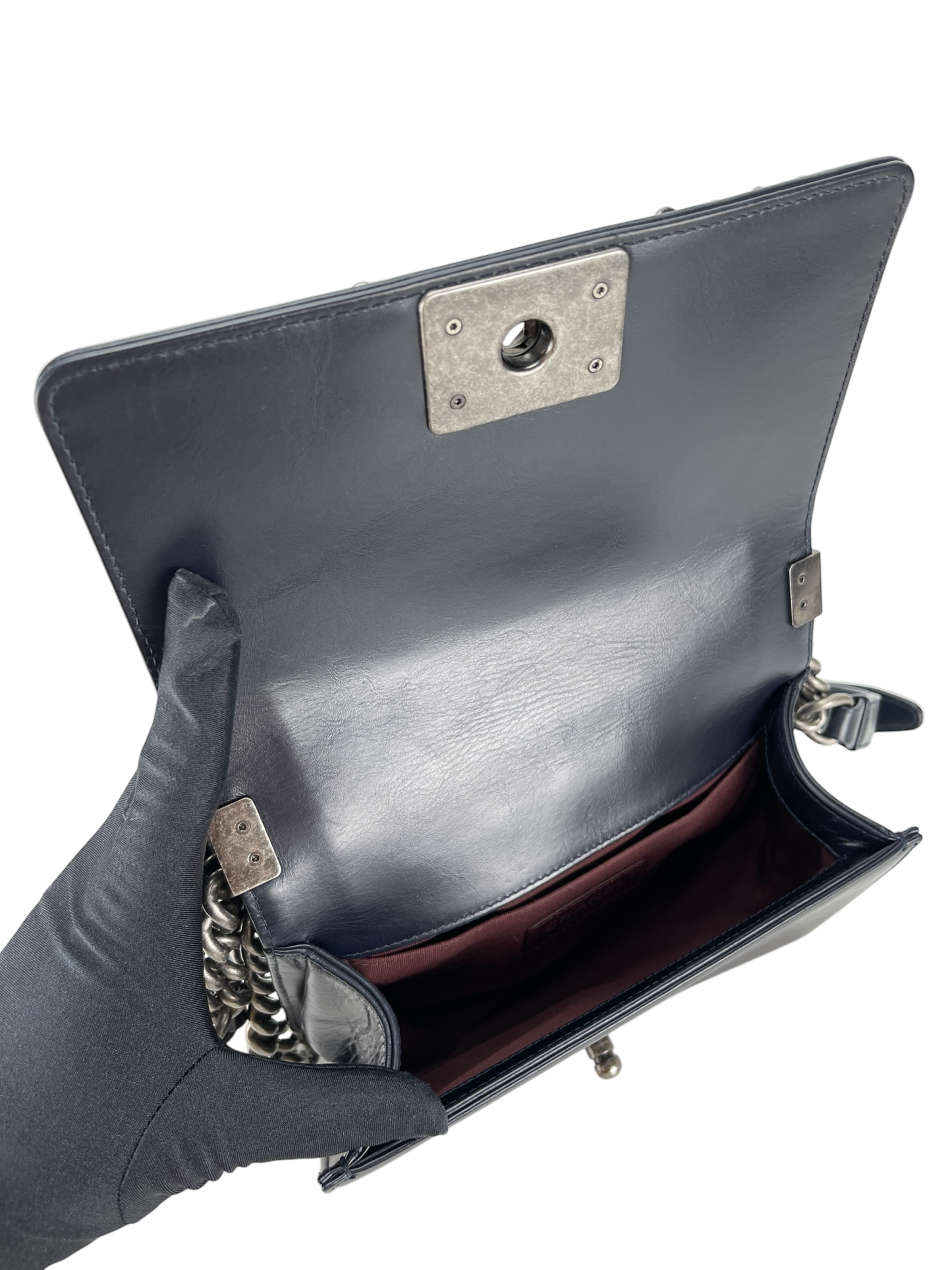 CHANEL - Black Glazed Calfskin Chained Mini Boy Flap Bag