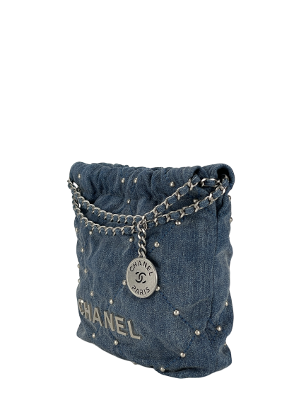 CHANEL - 22 Bag Mini Blue Quilted Studded Denim Brushed Silver Hardware