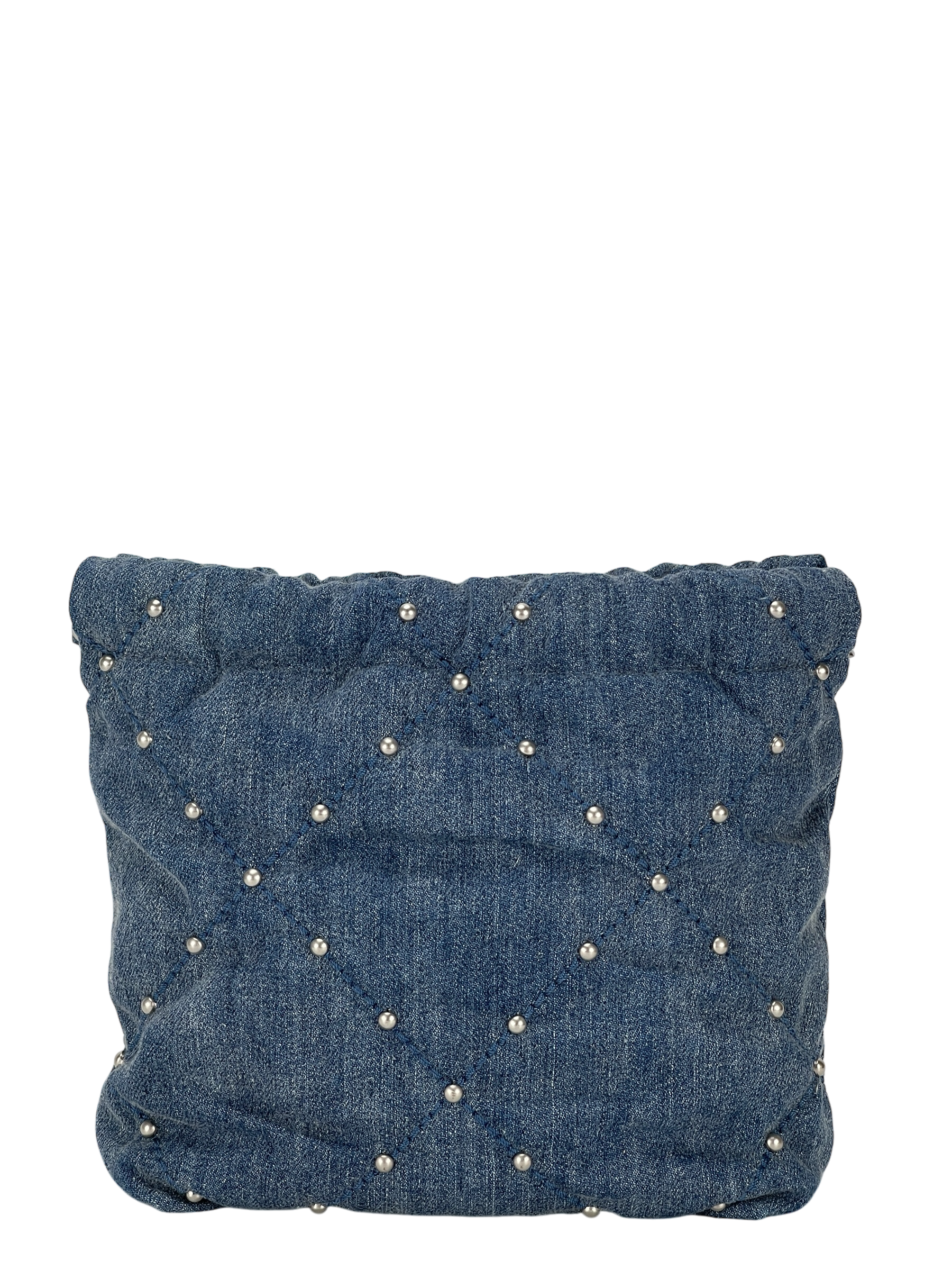 CHANEL - 22 Bag Mini Blue Quilted Studded Denim Brushed Silver Hardware
