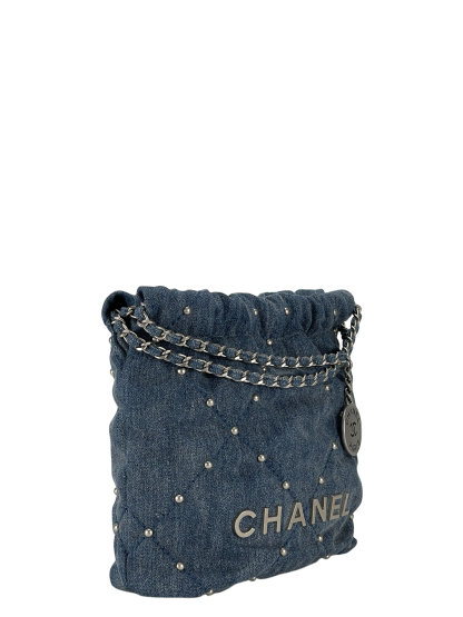 CHANEL - 22 Bag Mini Blue Quilted Studded Denim Brushed Silver Hardware
