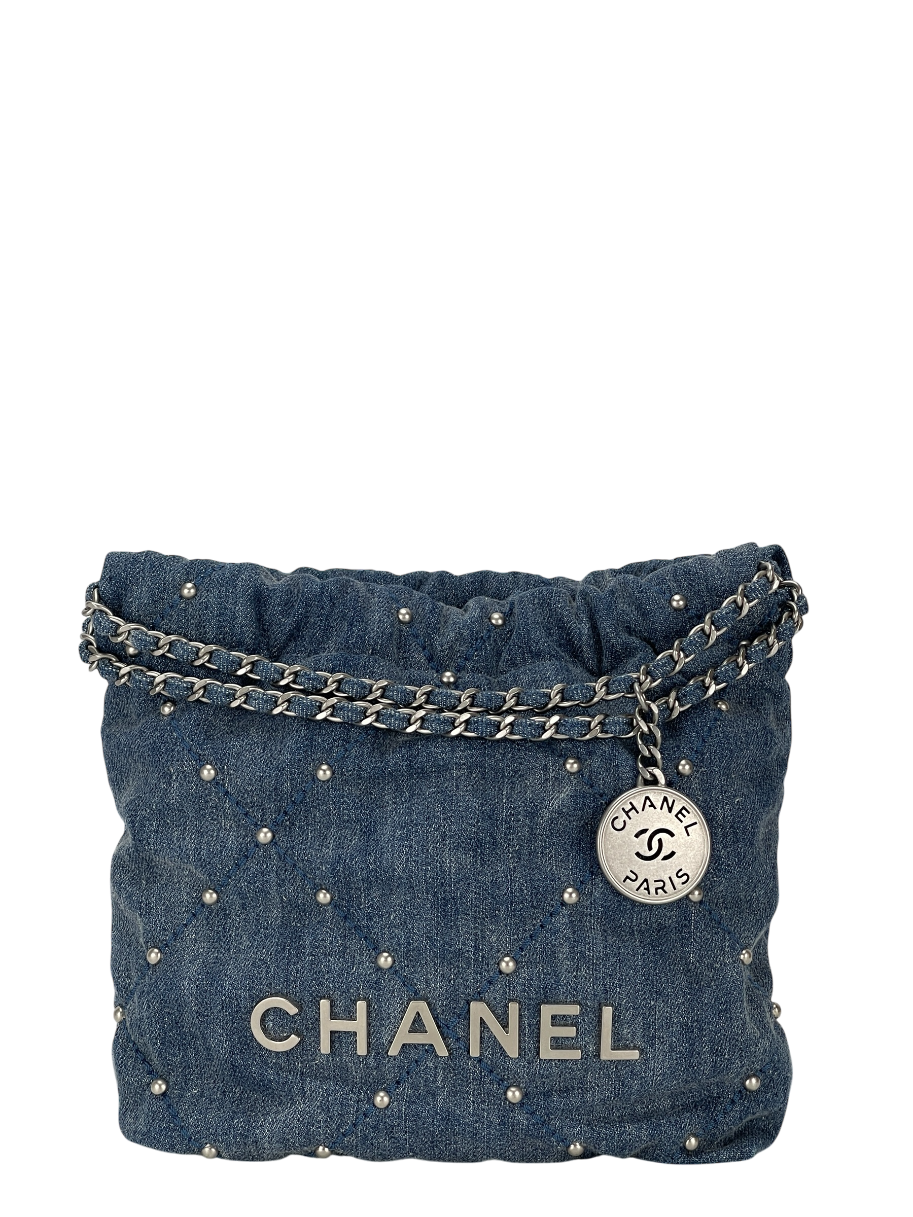 CHANEL - 22 Bag Mini Blue Quilted Studded Denim Brushed Silver Hardware