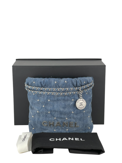 CHANEL - 22 Bag Mini Blue Quilted Studded Denim Brushed Silver Hardware