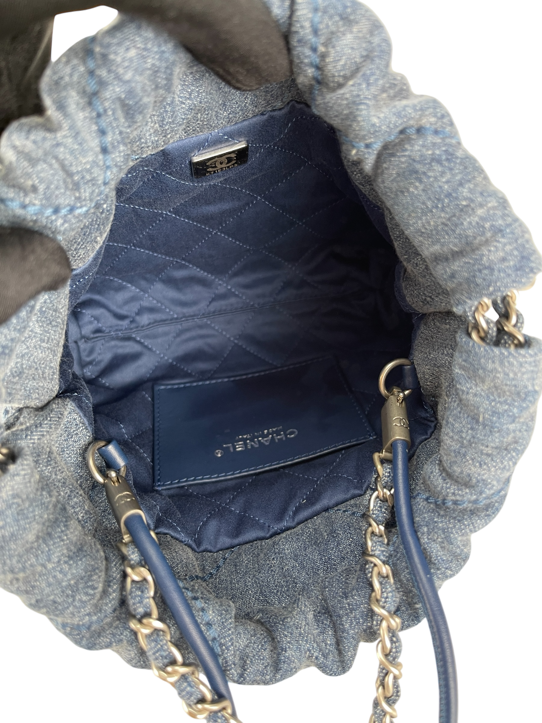 CHANEL - 22 Bag Mini Blue Quilted Studded Denim Brushed Silver Hardware