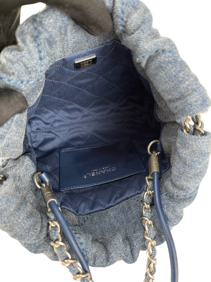 CHANEL - 22 Bag Mini Blue Quilted Studded Denim Brushed Silver Hardware
