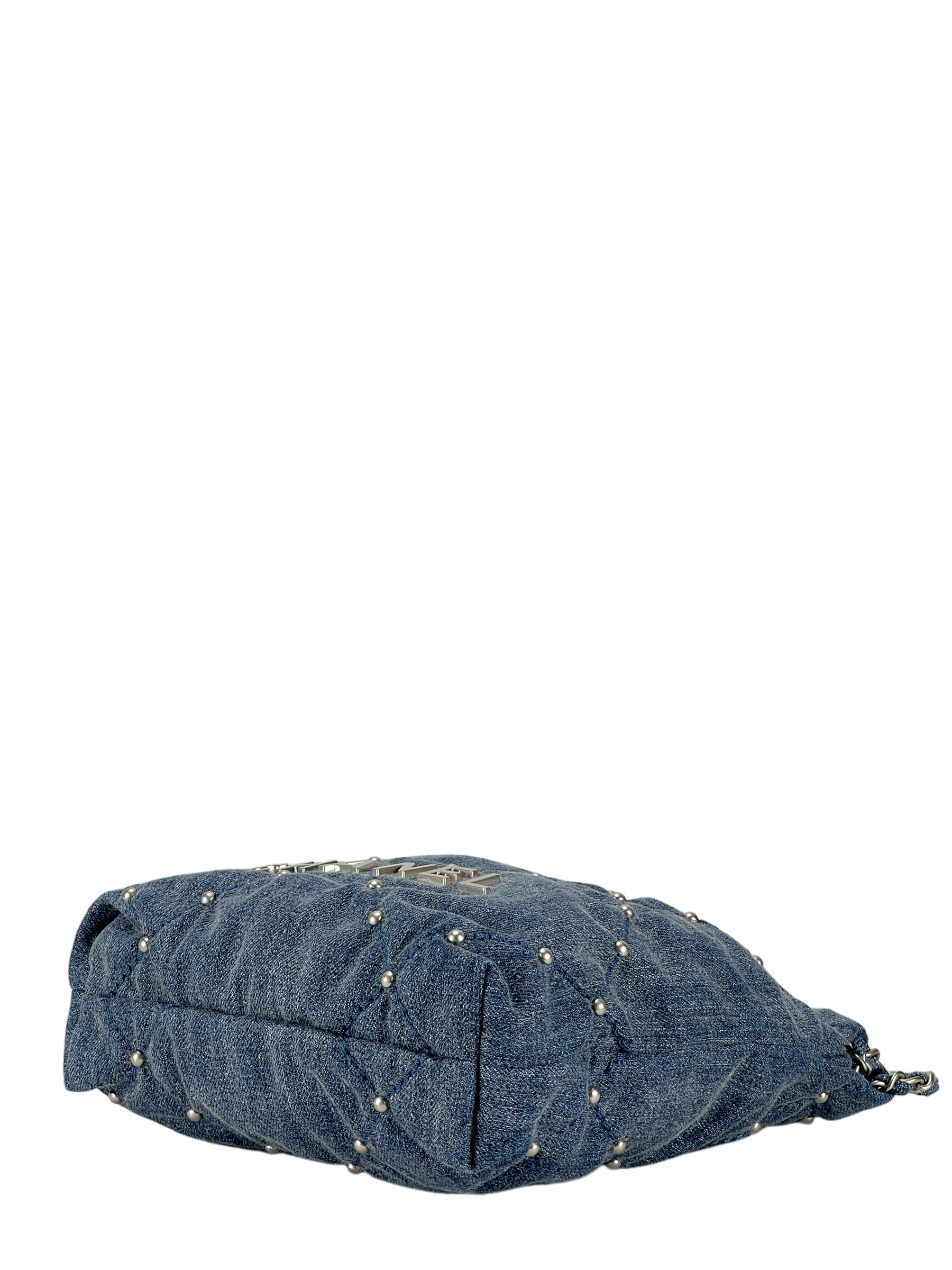 CHANEL - 22 Bag Mini Blue Quilted Studded Denim Brushed Silver Hardware