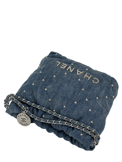 CHANEL - 22 Bag Mini Blue Quilted Studded Denim Brushed Silver Hardware