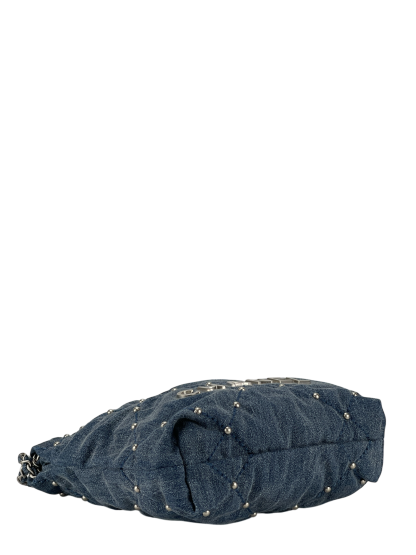 CHANEL - 22 Bag Mini Blue Quilted Studded Denim Brushed Silver Hardware