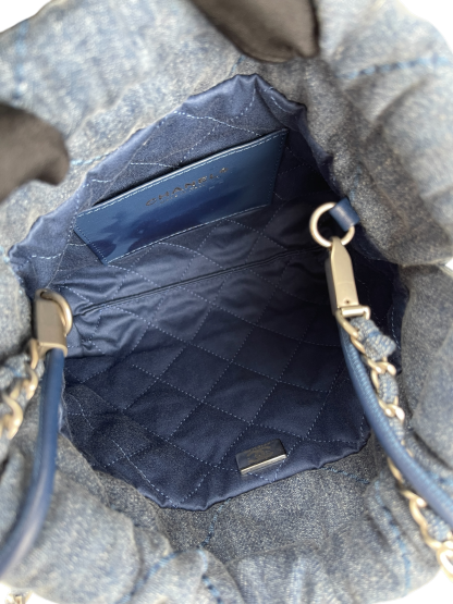 CHANEL - 22 Bag Mini Blue Quilted Studded Denim Brushed Silver Hardware