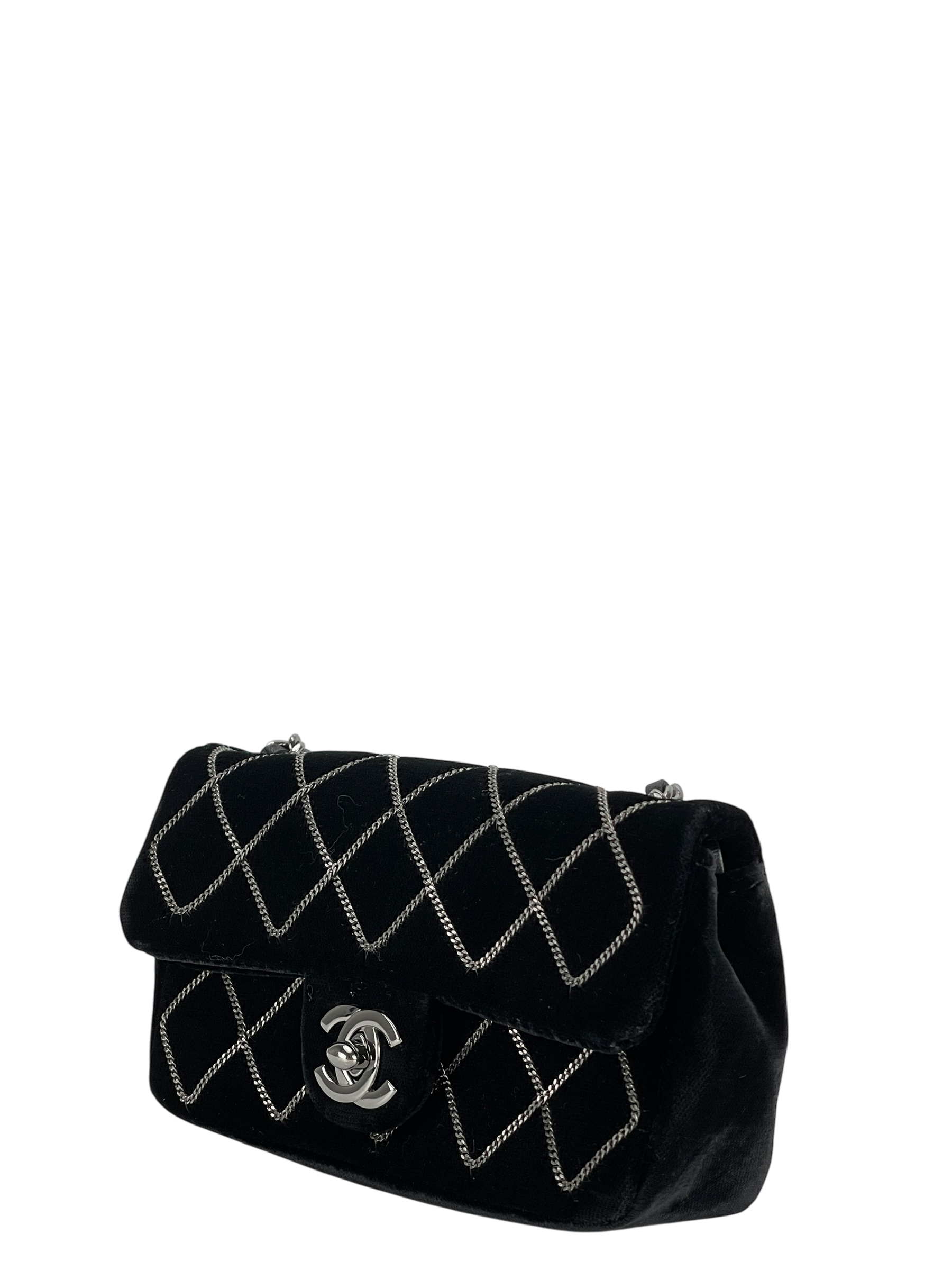 CHANEL - Mini Black Velvet Stitch Flap Shoulder Bag Sliver Hardware