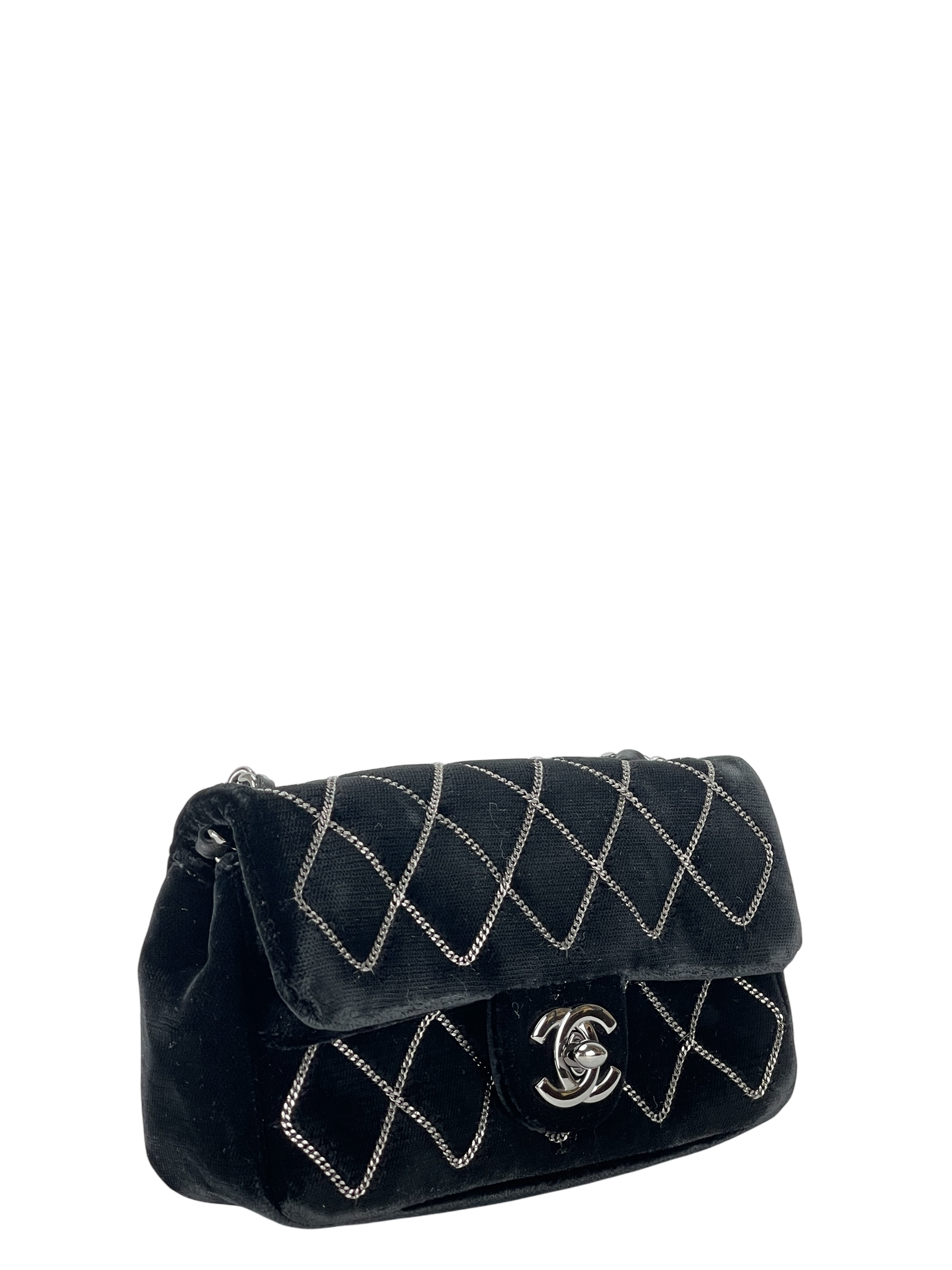 CHANEL - Mini Black Velvet Stitch Flap Shoulder Bag Sliver Hardware