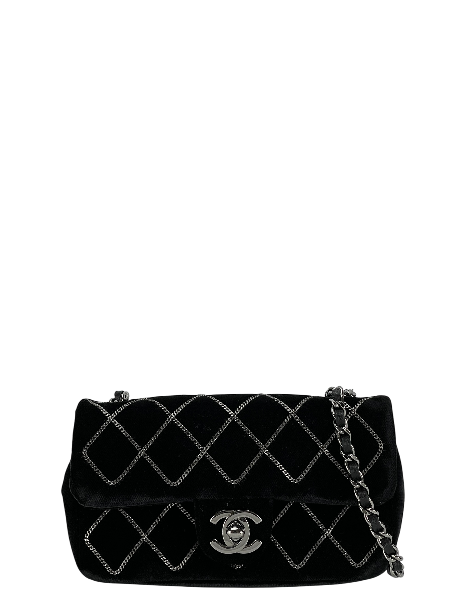 CHANEL - Mini Black Velvet Stitch Flap Shoulder Bag Sliver Hardware