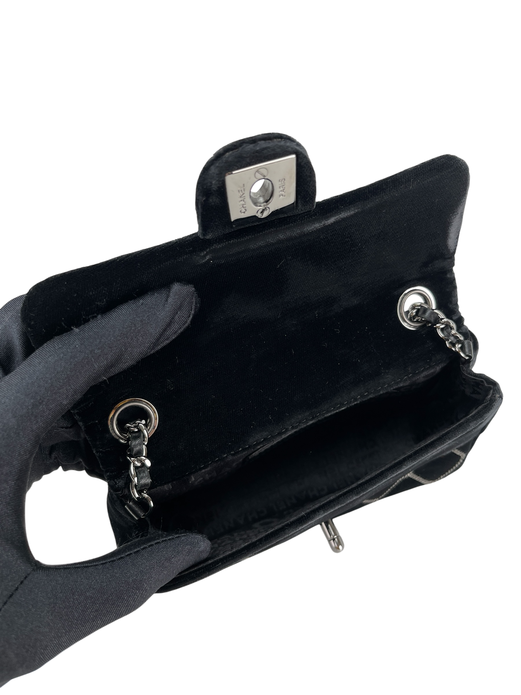 CHANEL - Mini Black Velvet Stitch Flap Shoulder Bag Sliver Hardware