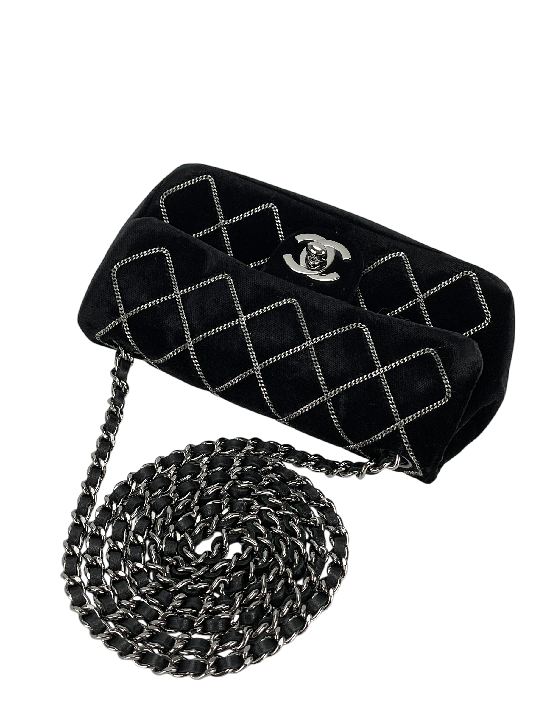 CHANEL - Mini Black Velvet Stitch Flap Shoulder Bag Sliver Hardware